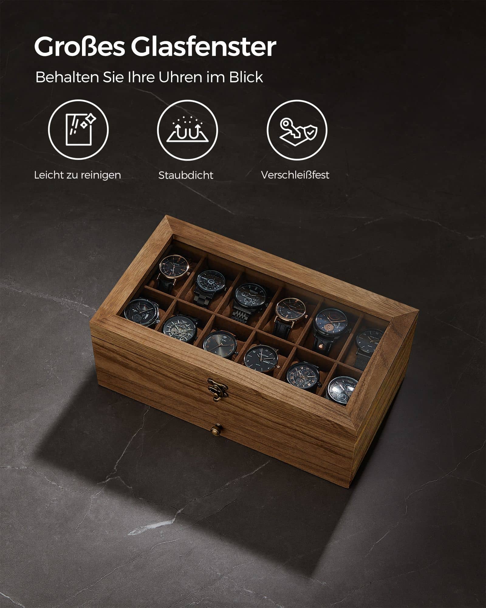 Uhrenbox mit 12 Fächern aus Massivholz walnussfarben