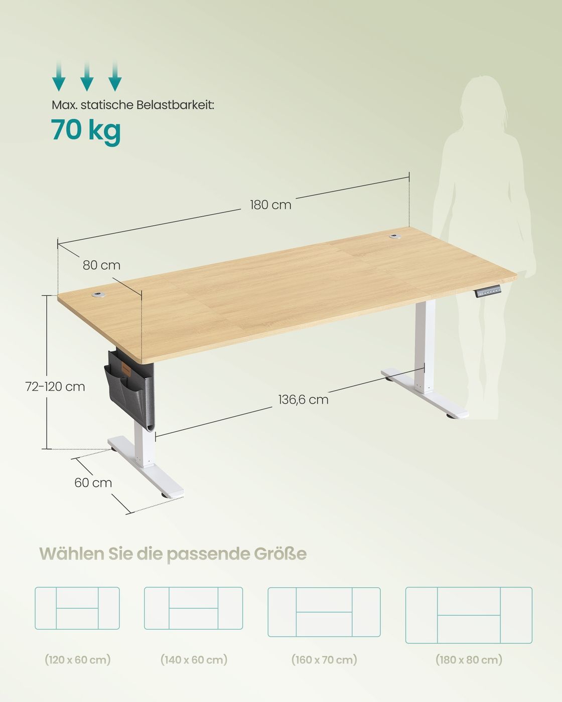 Höhenverstellbarer Schreibtisch elektrisch 80 x 180 x (72-120) cm