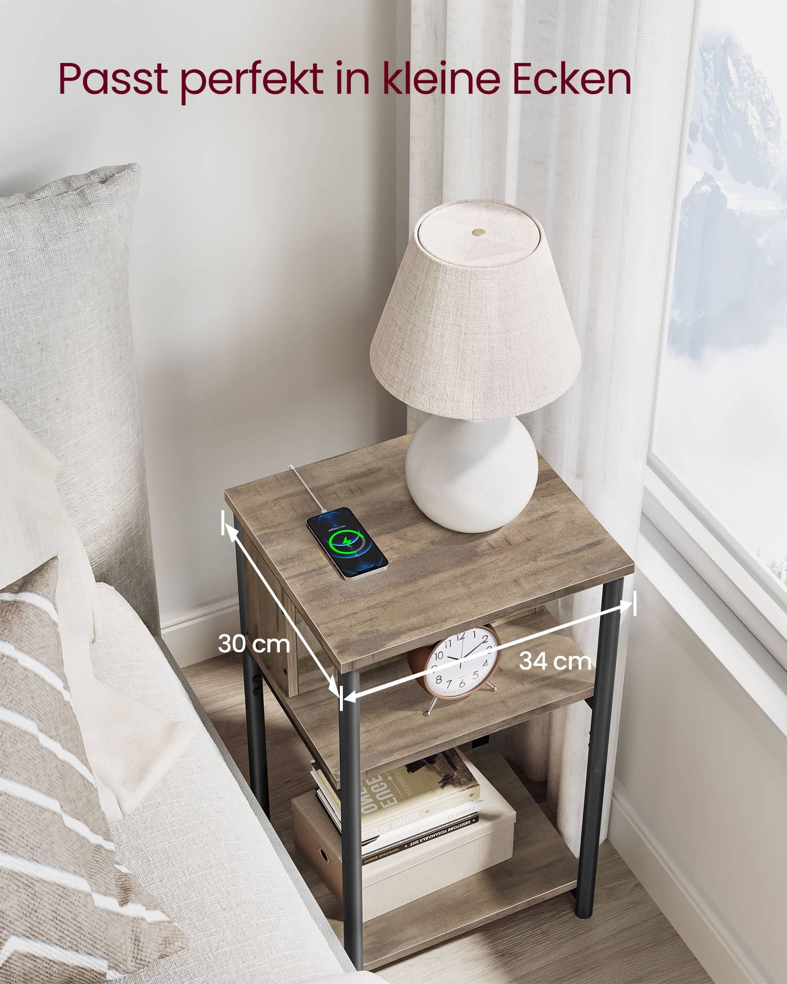 Beistelltisch mit Steckdose haselnussbraun-schwarz