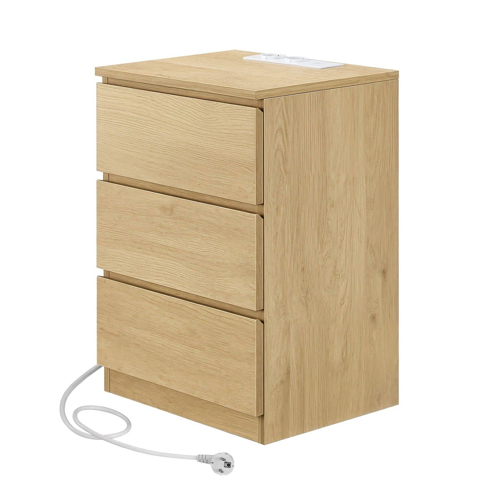 Beistelltisch Set mit Steckdosenleiste, Nachttisch, 3 Schubladen Beistelltisch Set mit Steckdosenleiste, Nachttisch, 3 Schubladen