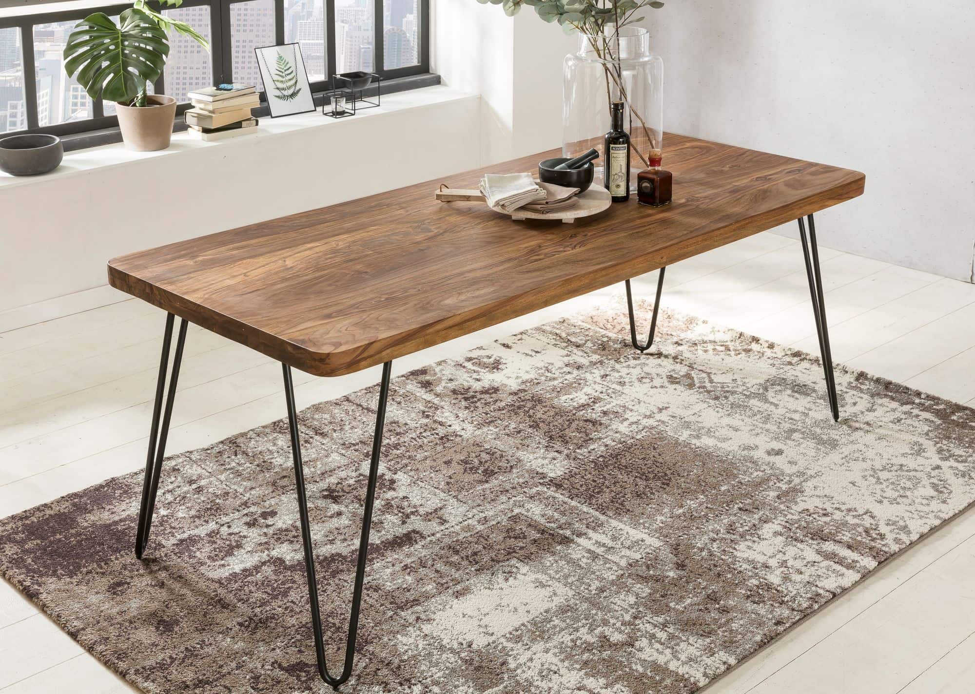 38502-WOHNLING-Esstisch-BAGLI-Massivholz-Sheesham_2 Esstisch BAGLI Massivholz Sheesham 120 cm Esszimmer-Tisch Holztisch Metallbeine Küchentisch Landhaus dunkel-braun