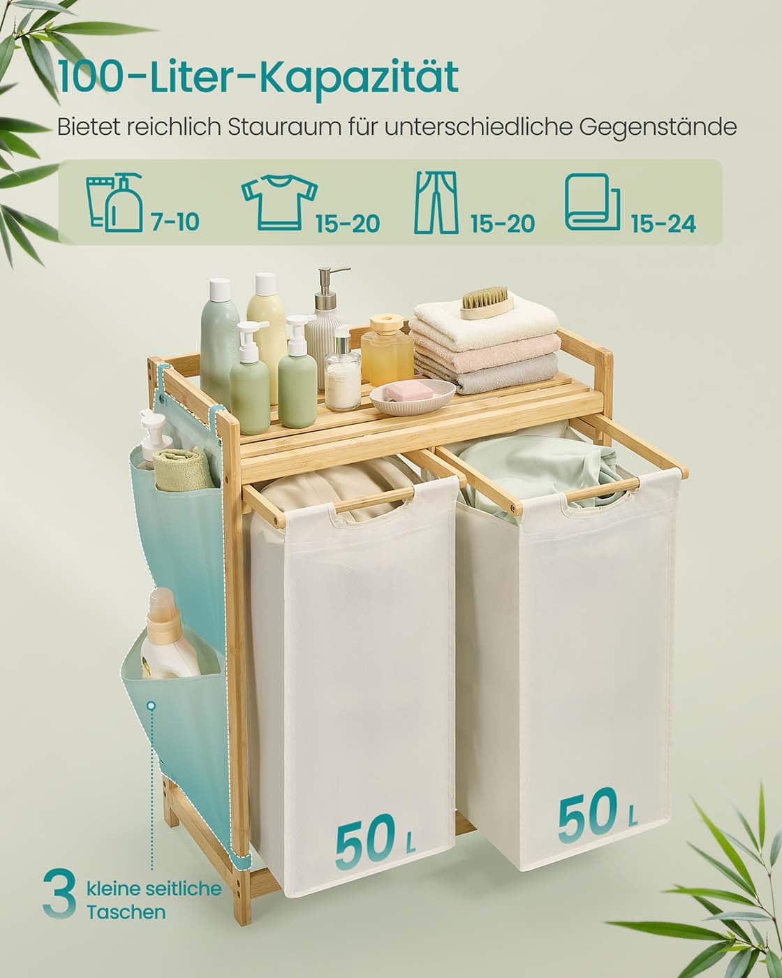 Wäschekorb 2 Fächer 2 x 50 L 63 x 33 x 78 cm cremeweiß Wäschekorb 2 Fächer 2 x 50 L 63 x 33 x 78 cm cremeweiß