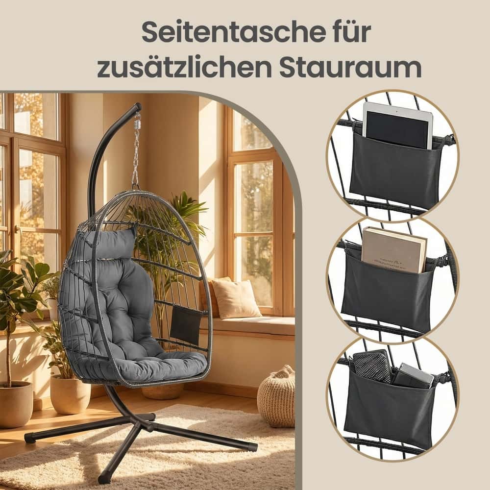 Schaukelstuhl mit Gestell, klappbarer Korbsessel höhenverstellbar, Hängeschaukel für Garten Balkon