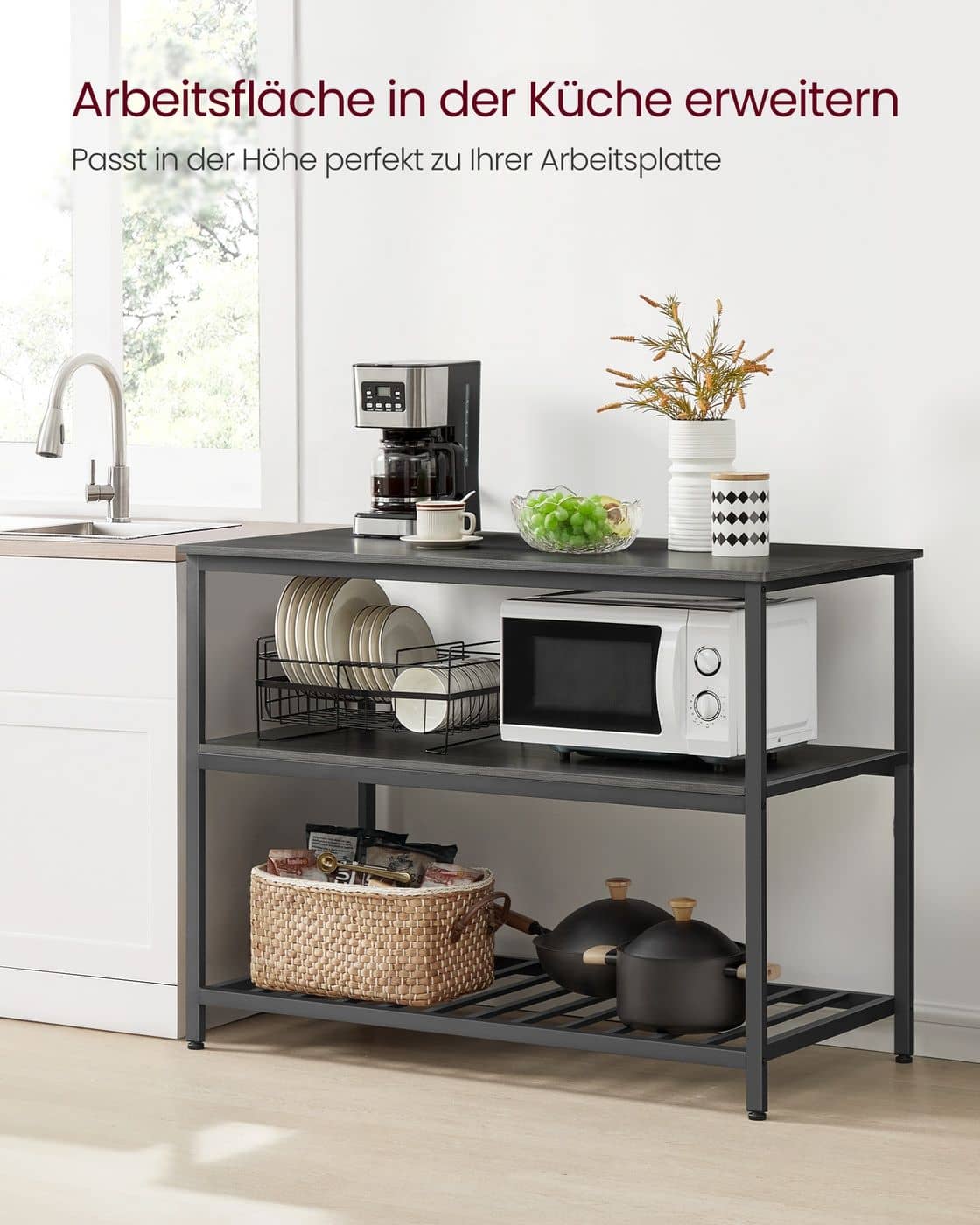 Küchenregal 3-stufig mit großer Arbeitsplatte und Stahlrahmen Küchenregal 3-stufig mit großer Arbeitsplatte und Stahlrahmen