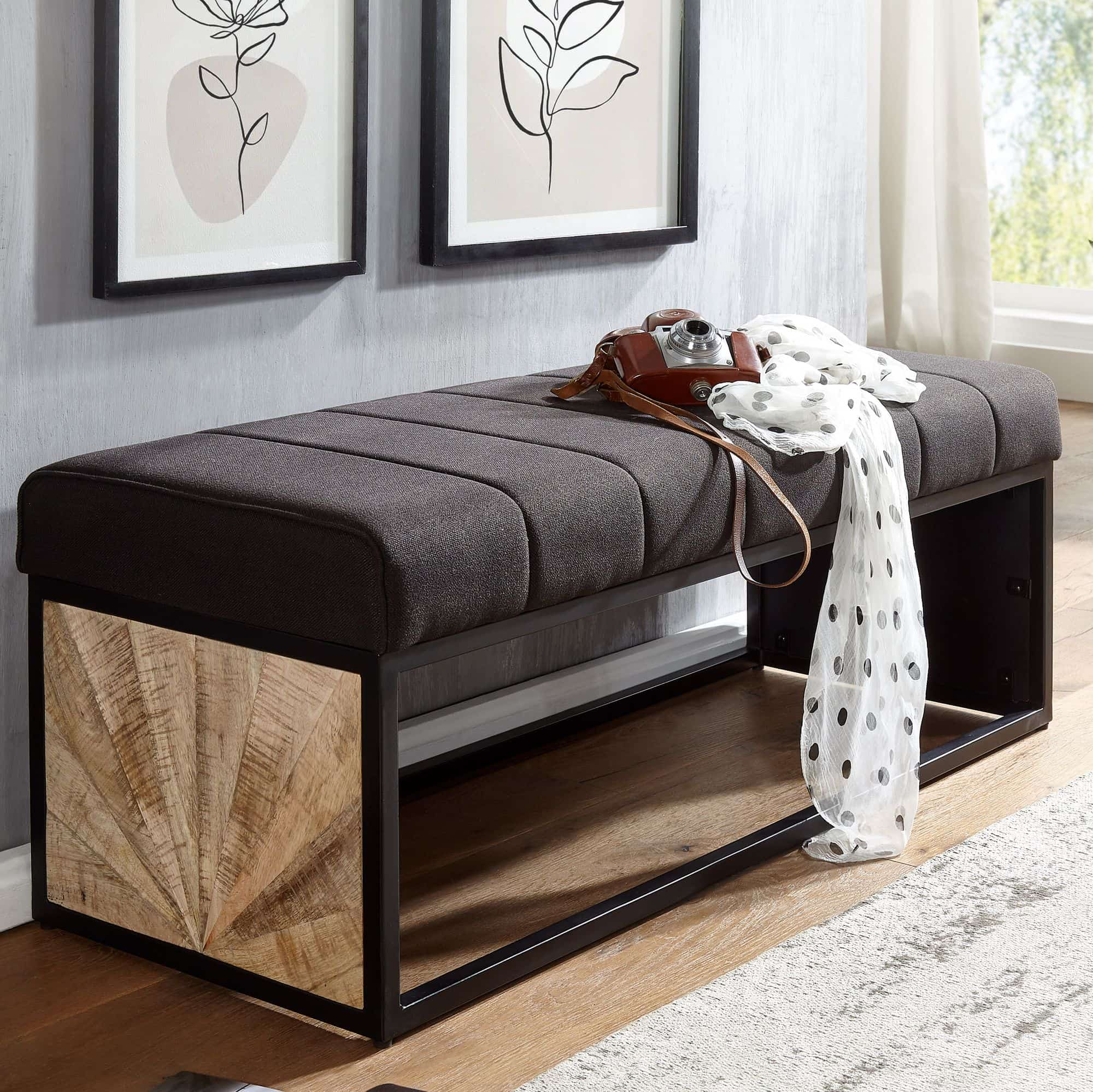 Sitzbank Stoff Schwarz 105x40x40 cm Flur Polsterbank mit Metallgestell Sitzbank Stoff Schwarz 105x40x40 cm Flur Polsterbank mit Metallgestell