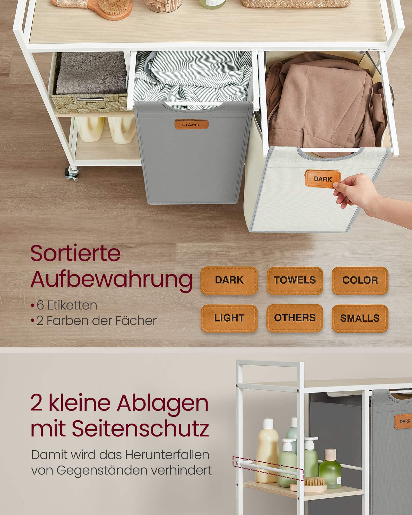 Wäschekorb 2 Fächer naturbeige-taubengrau-cremeweiß