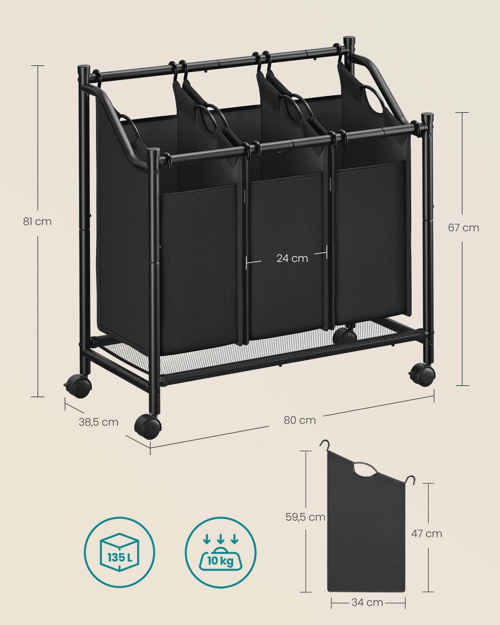 Wäschekorb mit Rollen 3 x 45 L tintenschwarz Wäschekorb mit Rollen 3 x 45 L tintenschwarz