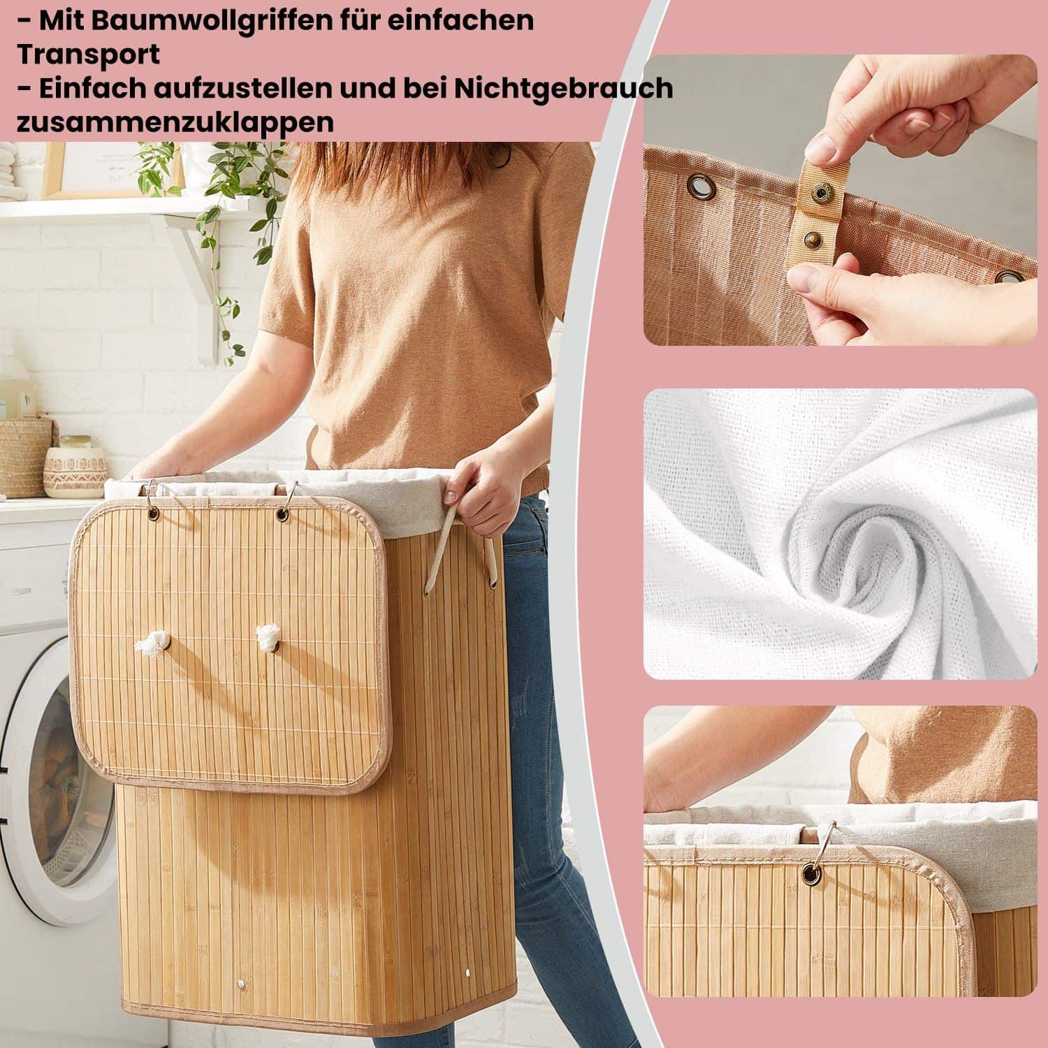 Wäschekorb mit Deckel, 72 L, Wäschesammler aus Bambus Wäschekorb mit Deckel, 72 L, Wäschesammler aus Bambus