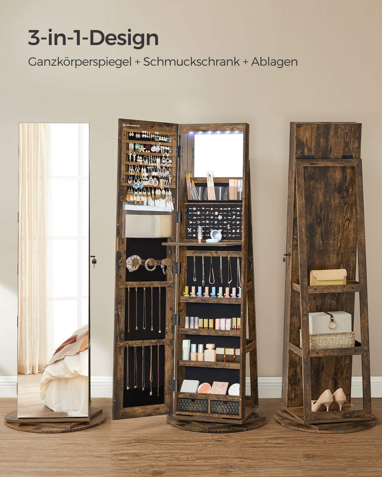Schmuckschrank mit rahmenlosem Ganzkörperspiegel-JJC007X01 Schmuckschrank mit rahmenlosem Ganzkörperspiegel-JJC007X01