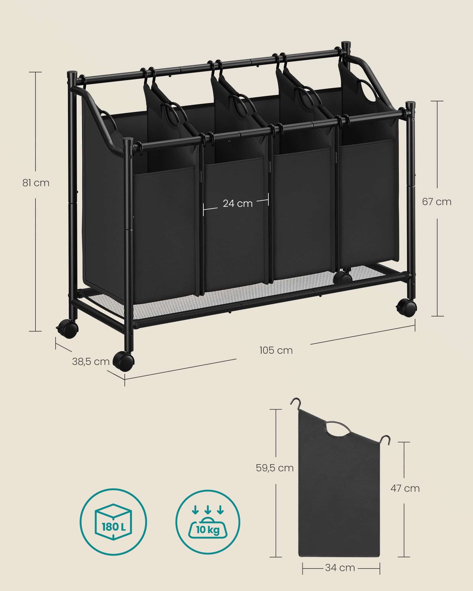 Wäschekorb mit Rollen 4 x 45 L tintenschwarz Wäschekorb mit Rollen 4 x 45 L tintenschwarz