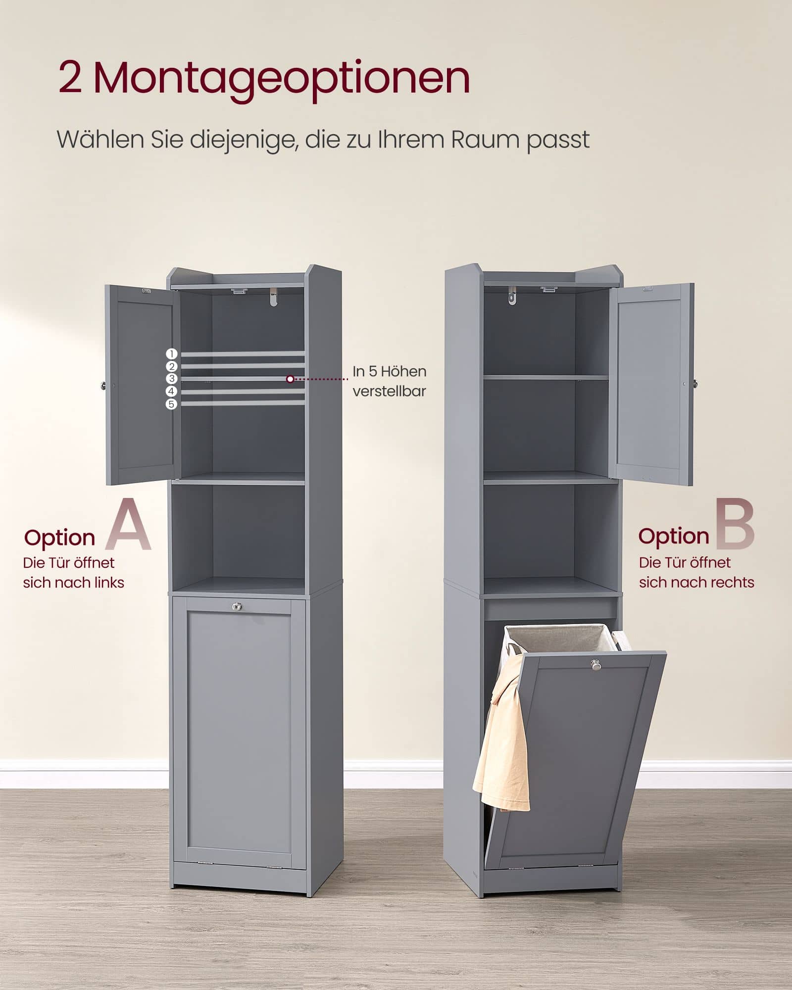 Badezimmerschrank mit Wäschekorb und Griffen taubengrau Badezimmerschrank mit Wäschekorb und Griffen taubengrau