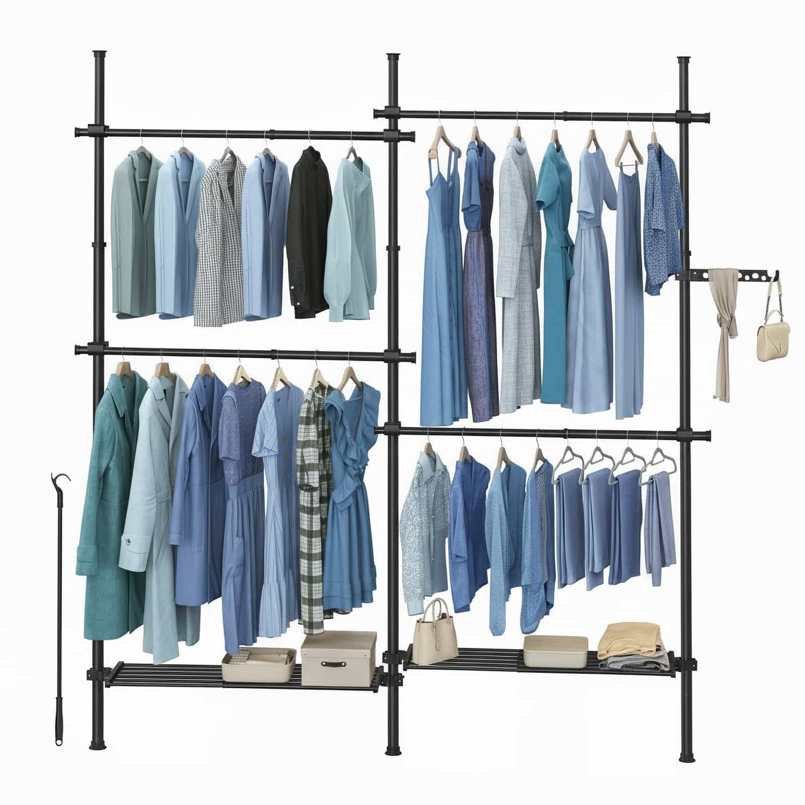 3-stufiger Kleiderständer, höhen- und breitenverstellbar, offene Garderobe mit 4 Kleiderstangen und 2 Ablagen 3-stufiger Kleiderständer, höhen- und breitenverstellbar, offene Garderobe mit 4 Kleiderstangen und 2 Ablagen