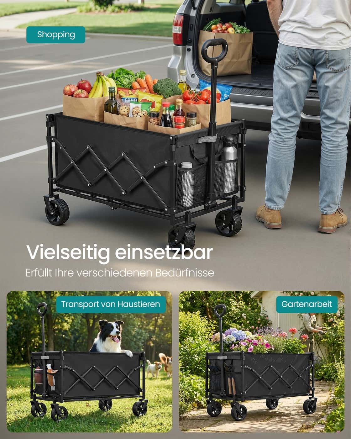 Kleiner Handwagen faltbar mit 4 verstärkten Rollen und Griff Tintenschwarz