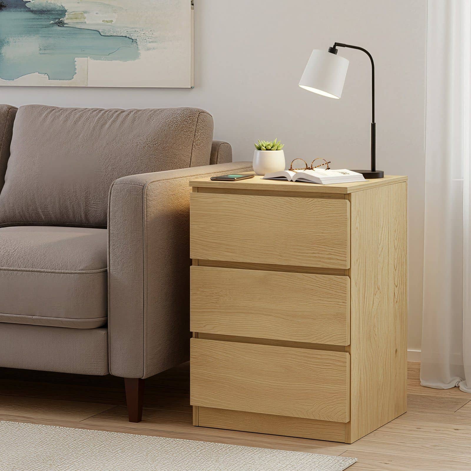 Beistelltisch Set mit Steckdosenleiste, Nachttisch, 3 Schubladen