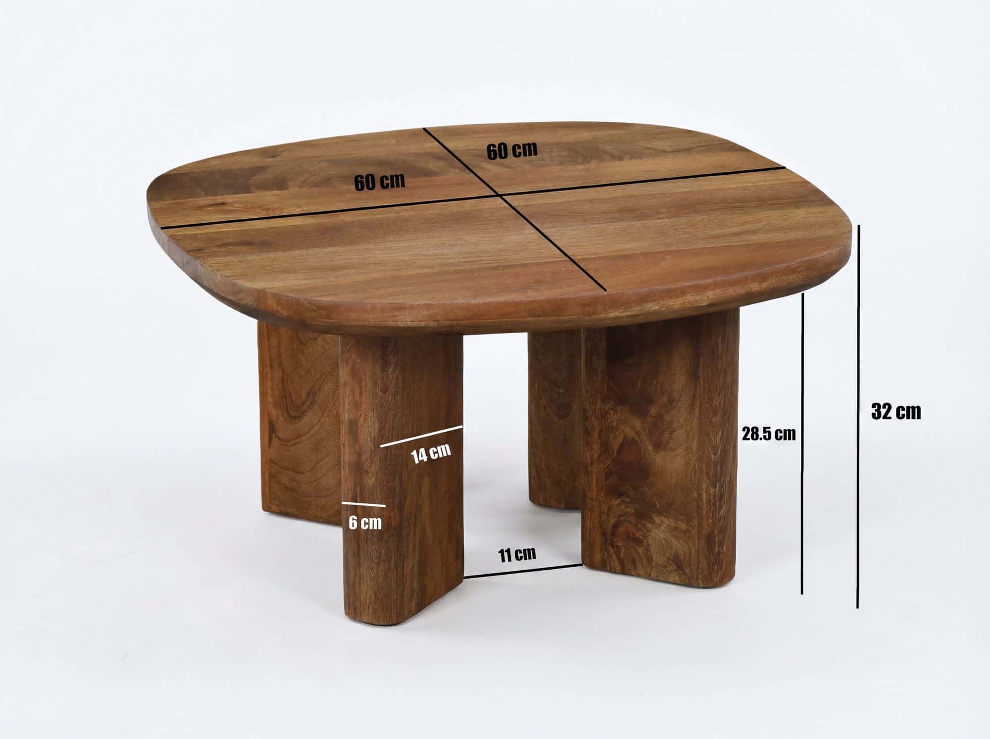 Couchtisch Mango Massivholz 60cm quadratisch - Handgefertigter Wohnzimmertisch aus Echtholz mit abgerundeten Kanten im modernen Design Handmade