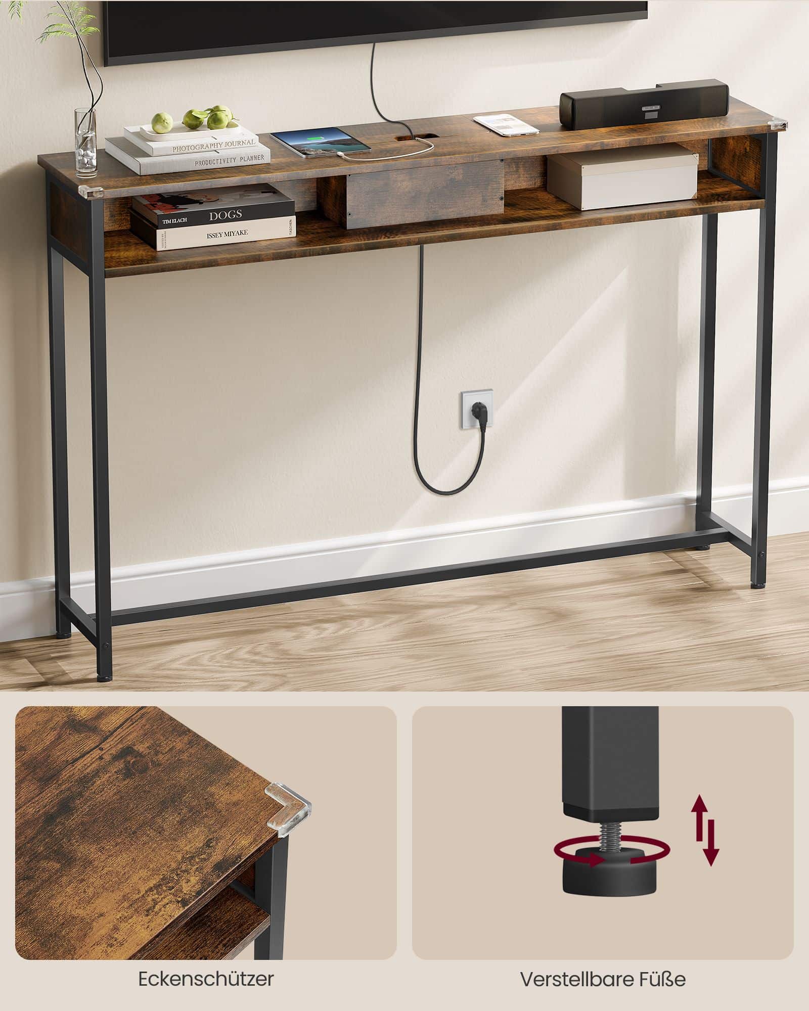 Konsolentisch mit Steckdosen platzsparend vintagebraun-tintenschwarz Konsolentisch mit Steckdosen platzsparend vintagebraun-tintenschwarz