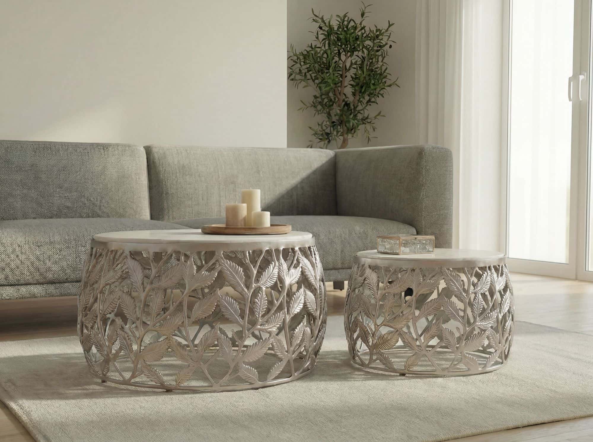 2er Set Couchtisch Silber mit weißer Marmor Tischplatte - Wohnzimmer Tisch Satztisch rund - Beistelltisch Alu modern - Sofatisch Set Aluminium Metallgestell Design Handmade 2er Set Couchtisch Silber mit weißer Marmor Tischplatte - Wohnzimmer Tisch Satztisch rund - Beistelltisch Alu modern - Sofatisch Set Aluminium Metallgestell Design Handmade