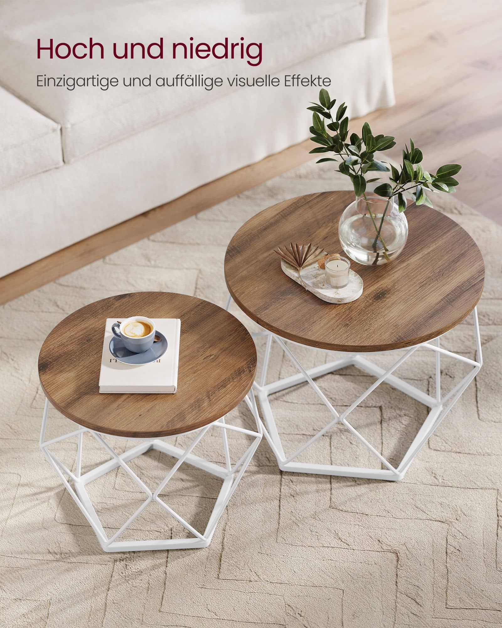 Couchtisch 2er Set mit abnehmbarer Tischplatte honigbraun-wolkenweiß