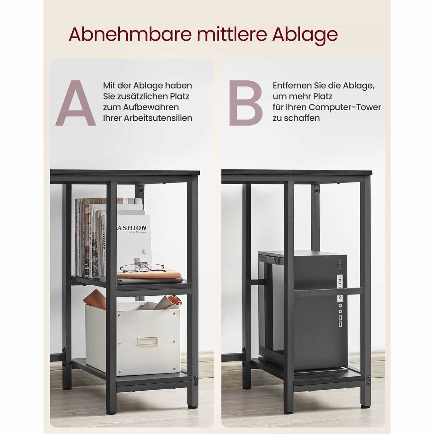 Schreibtisch L-förmig mit 2 Ablagen schwarz mit Holzmaserung-LWD072B56 Schreibtisch L-förmig mit 2 Ablagen schwarz mit Holzmaserung-LWD072B56