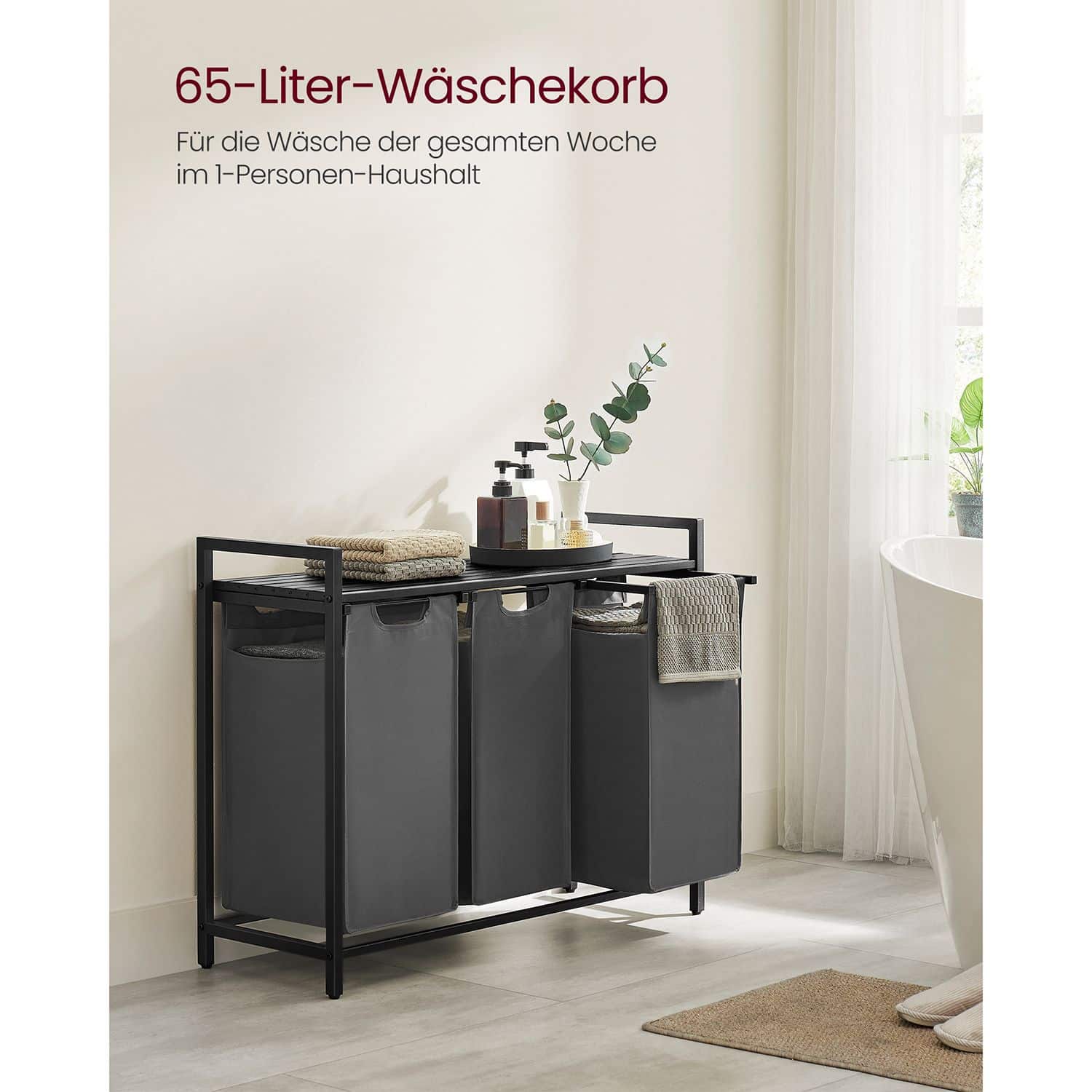 Wäschekorb 3 x 38 L mit 1 Ablage schwarz-grau-B34BLH301G01 Wäschekorb 3 x 38 L mit 1 Ablage schwarz-grau-B34BLH301G01