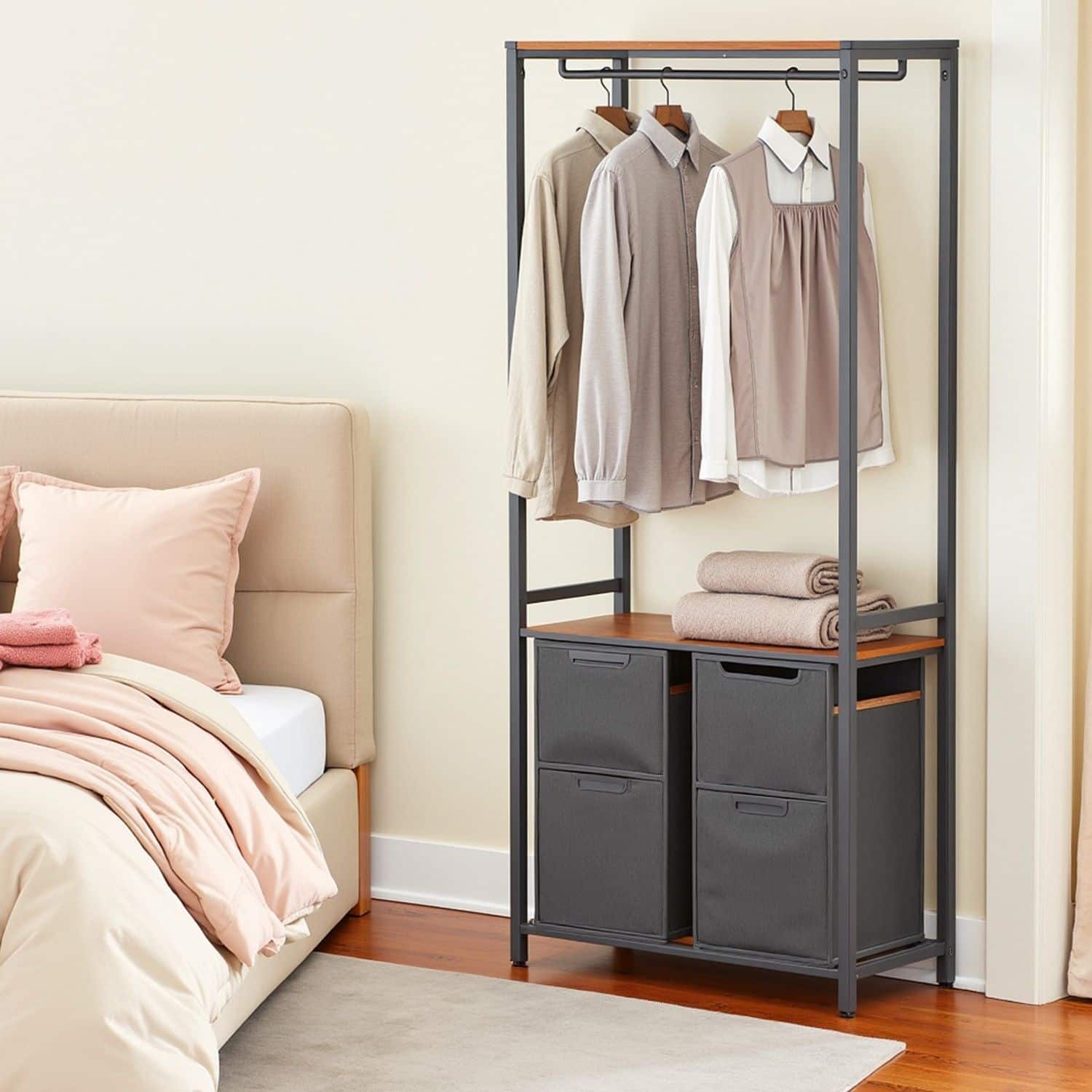 Wäschekorb mit Garderobenständer 2 Fächer vintagebraun-klassikschwarz