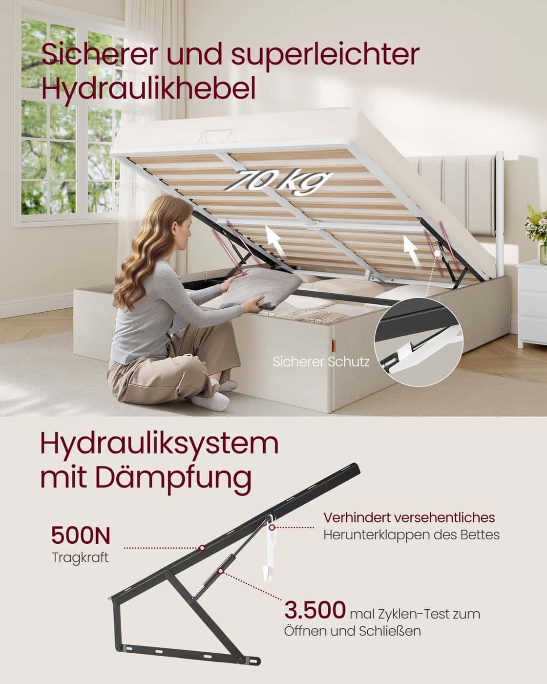 Bettgestell 160 x 200 cm mit Unterbettaufbewahrung Kopfteil cappuccinobeig Bettgestell 160 x 200 cm mit Unterbettaufbewahrung Kopfteil cappuccinobeig