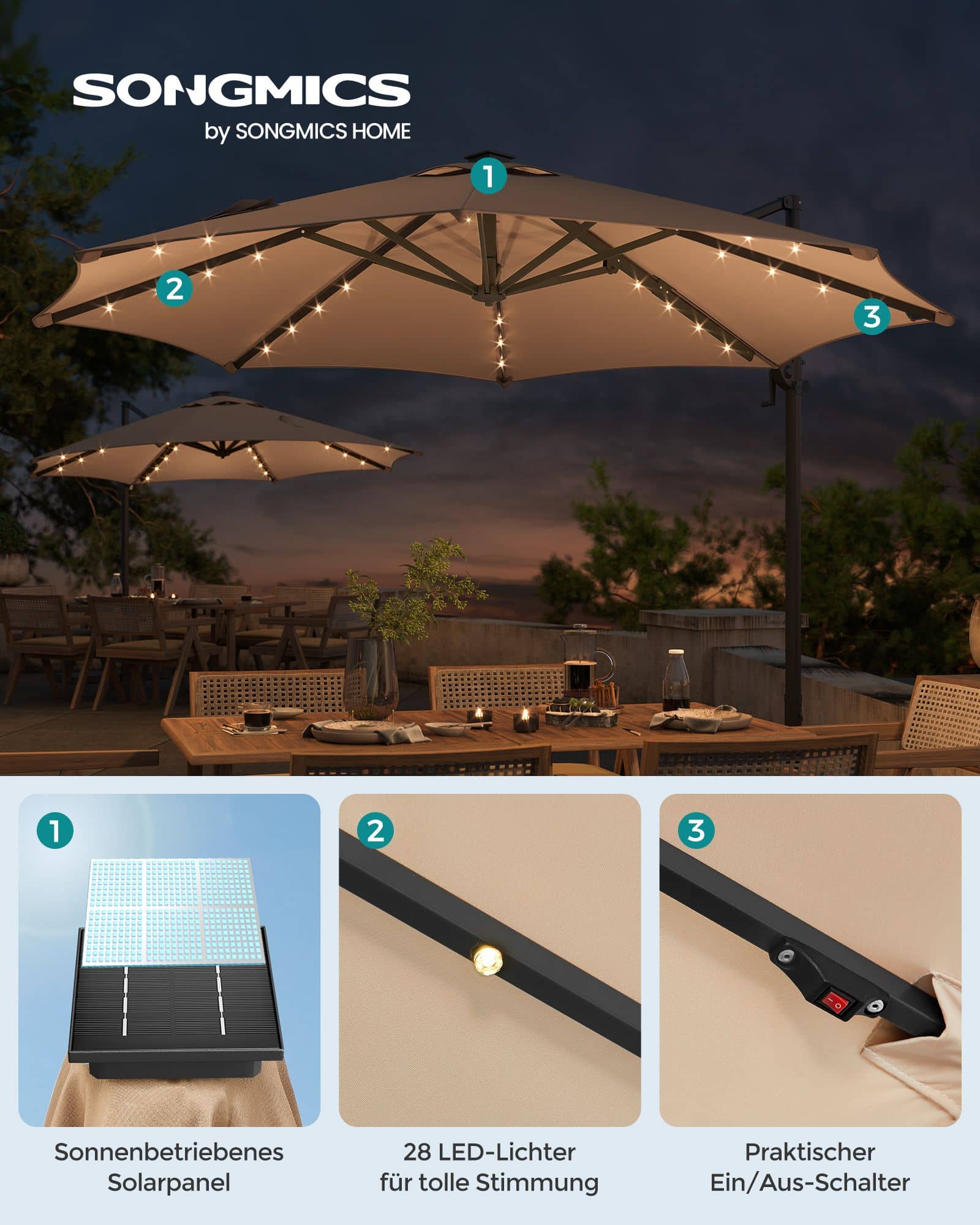 Ampelschirm drehbar mit Kurbel kamelbraun