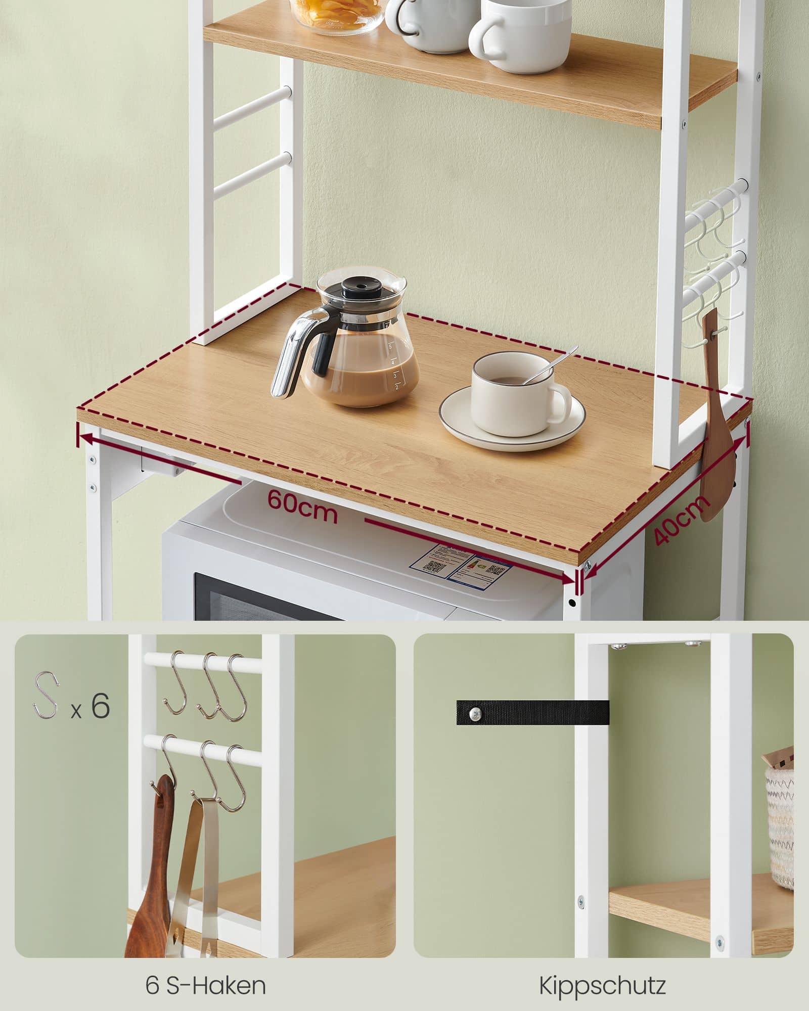 VASAGLE Küchenregal mit Steckdosen, verstellbaren Ablagen und Haken – 60x40x167 cm, Goldeiche-Wolkenweiß VASAGLE Küchenregal mit Steckdosen, verstellbaren Ablagen und Haken – 60x40x167 cm, Goldeiche-Wolkenweiß