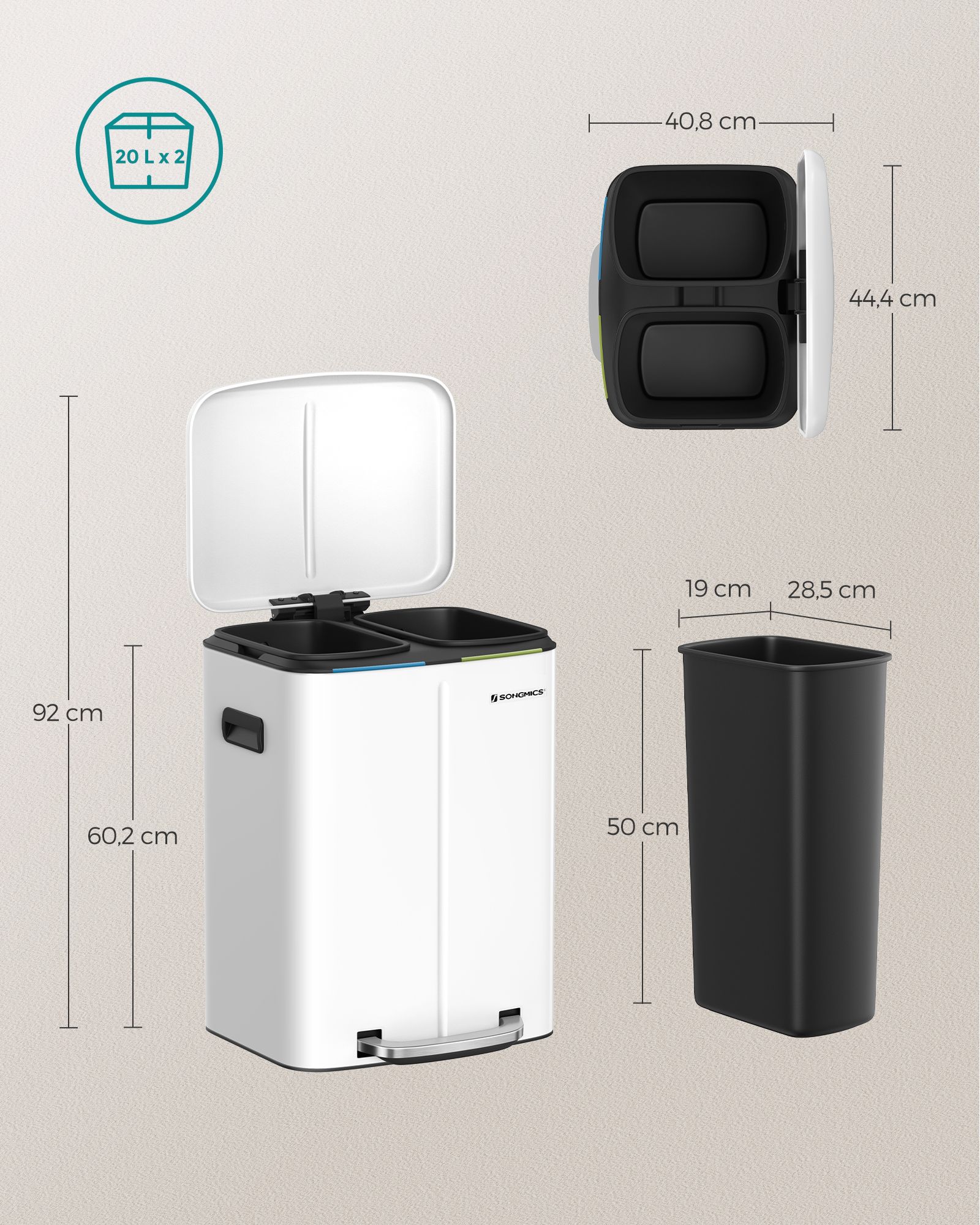 Mülleimer 40 Liter (2 x 20 L) Weiß-LTB40WT Mülleimer 40 Liter (2 x 20 L) Weiß-LTB40WT