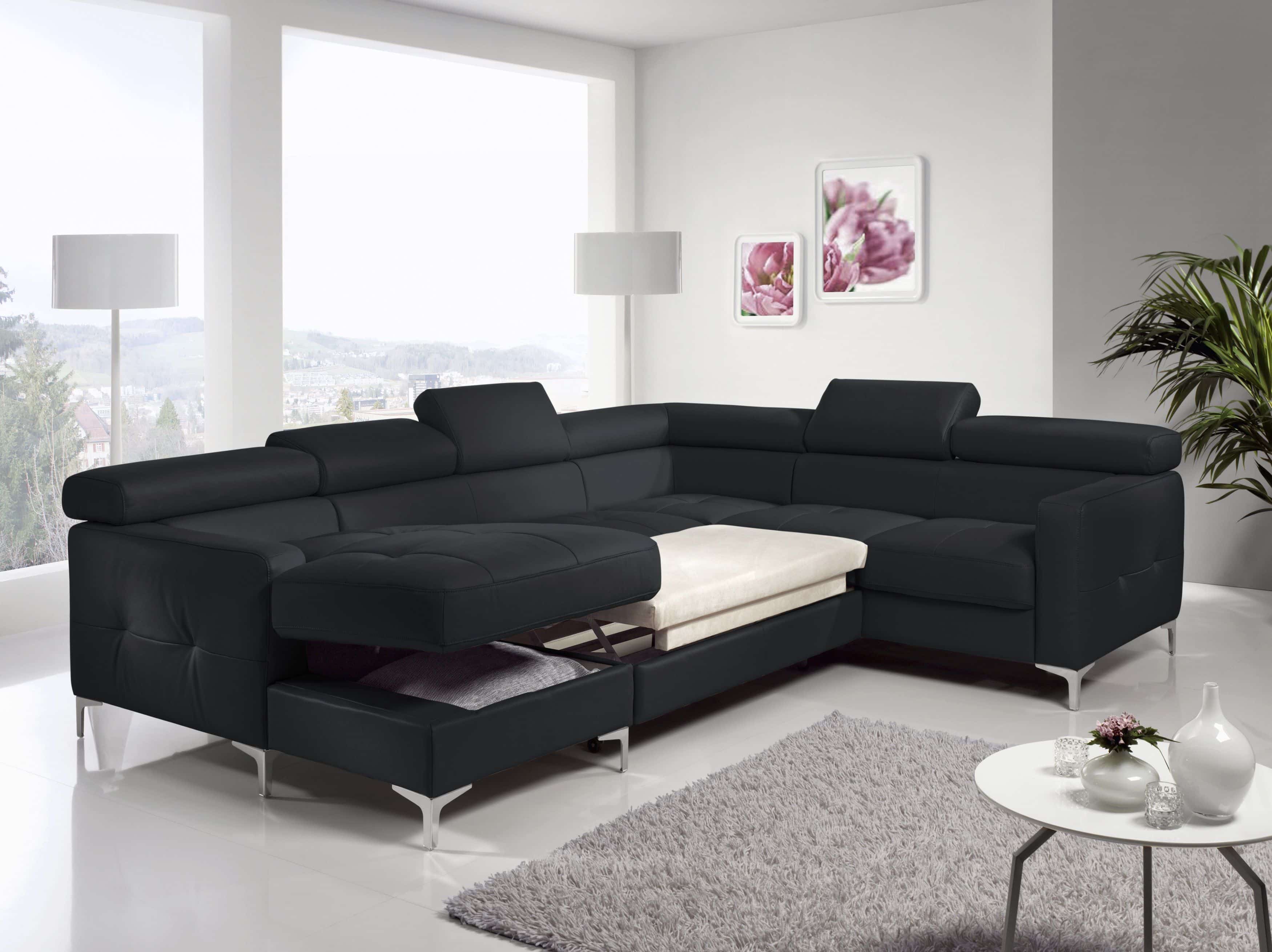 Echtleder Wohnlandschaft Sammy mit Schlaffunktion & Bettkasten - Cotta