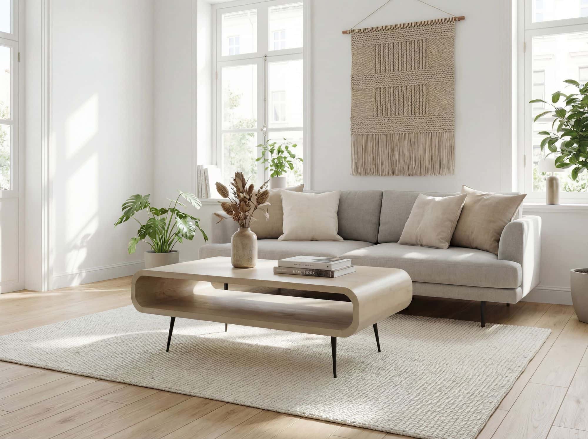 Couchtisch Mango Massivholz white wash 90cm - Design Wohnzimmertisch mit Metall Beine - Rechteckiger Sofatisch Ablage Retro - Loungetisch Holz - Natur Beistelltisch Handmade
