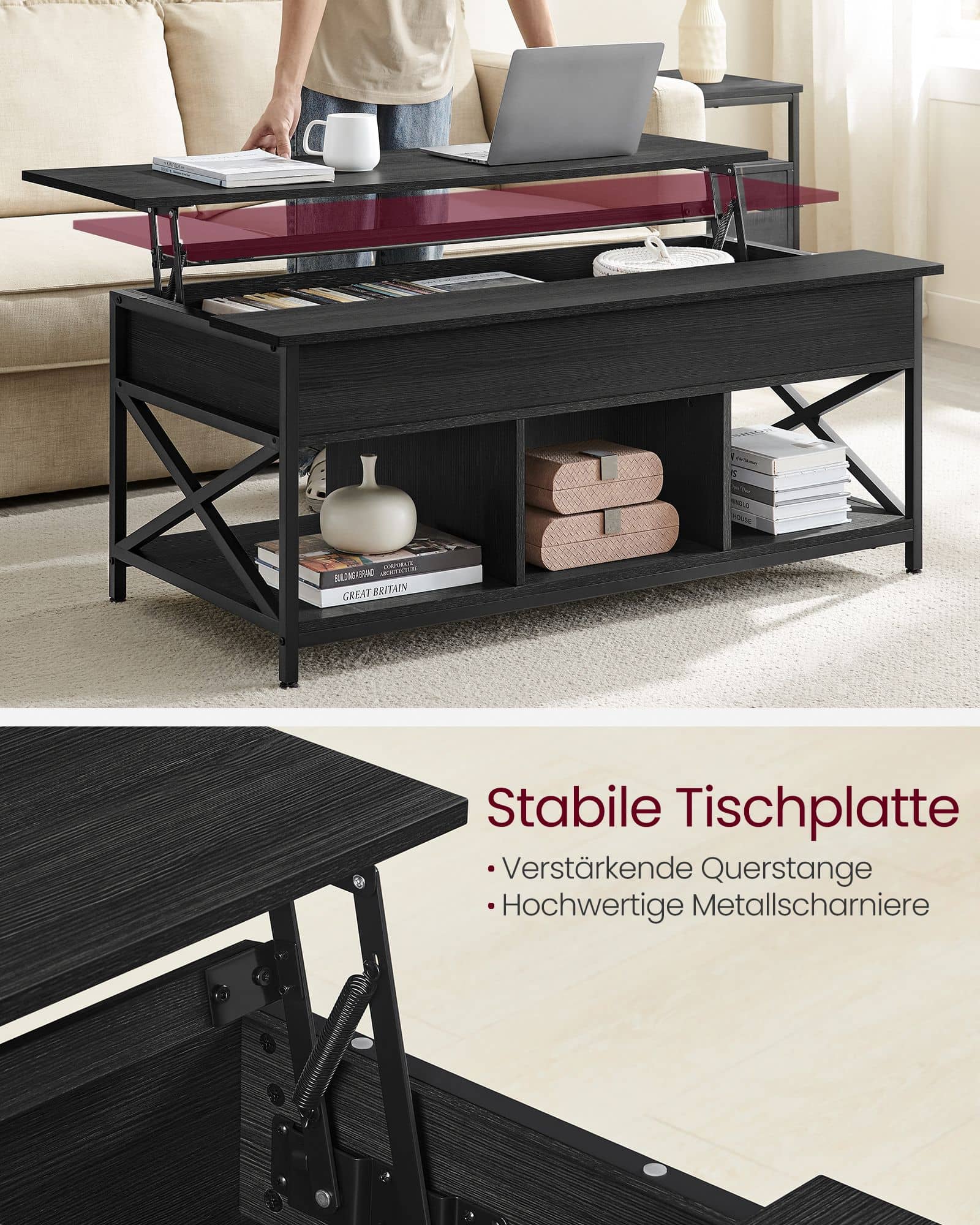 Couchtisch höhenverstellbar mit verstecktem Stauraum anthrazitgrau-schwarz