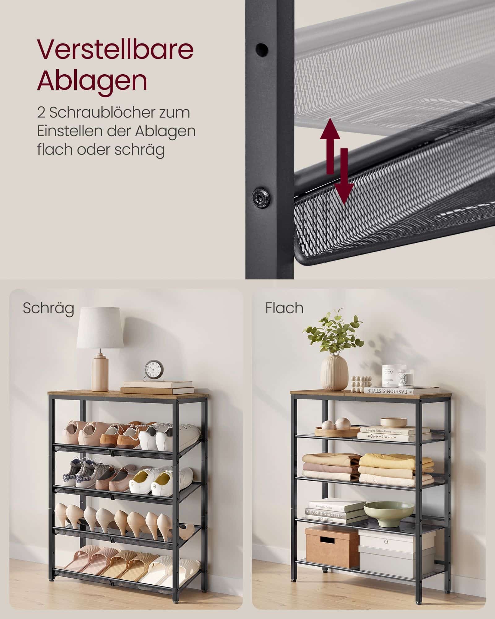 Schuhregal 5 Ebenen mit verstellbaren Gitterablagen