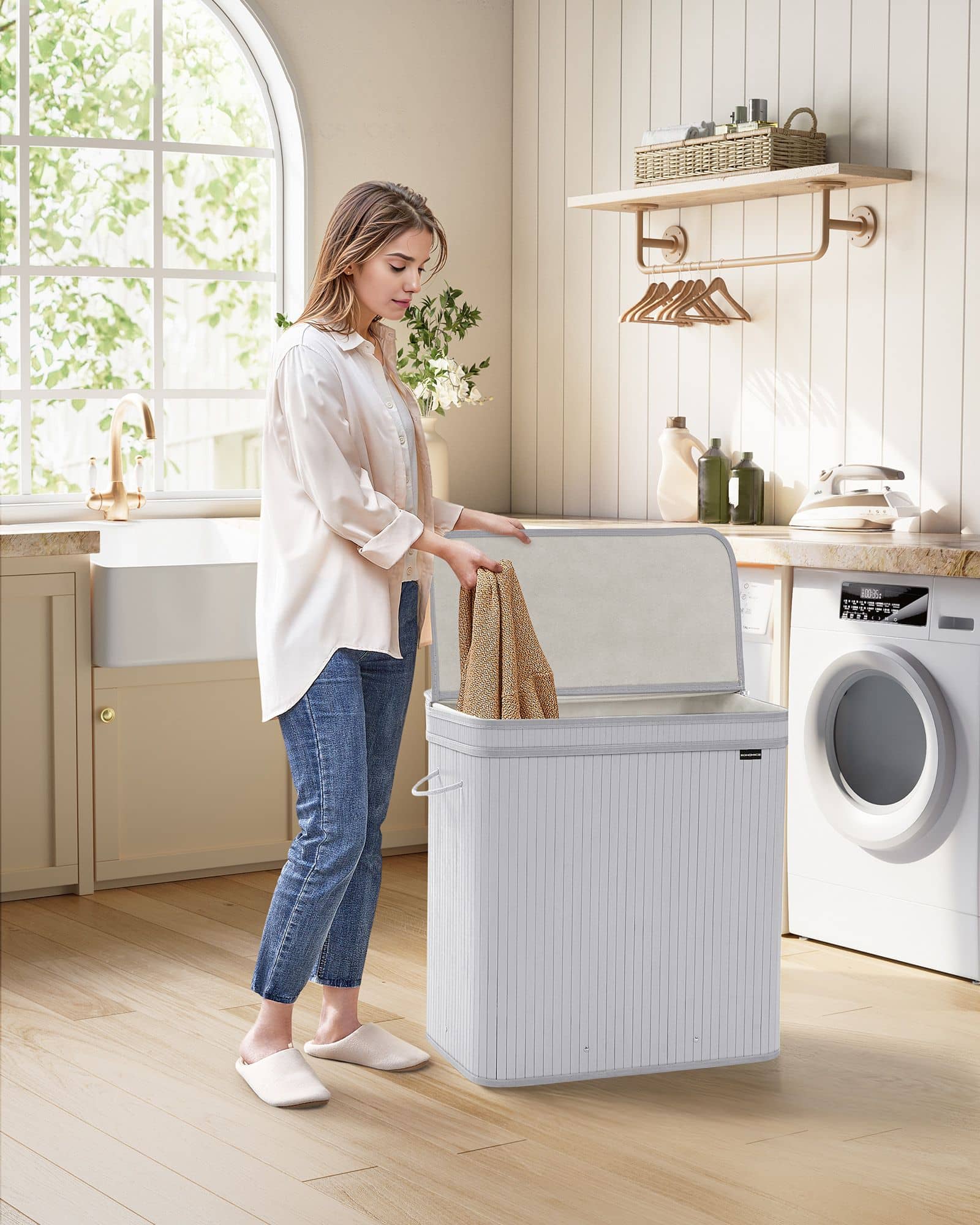 Wäschekorb mit Deckel aus Bambus 150 Liter taubengrau Wäschekorb mit Deckel aus Bambus 150 Liter taubengrau