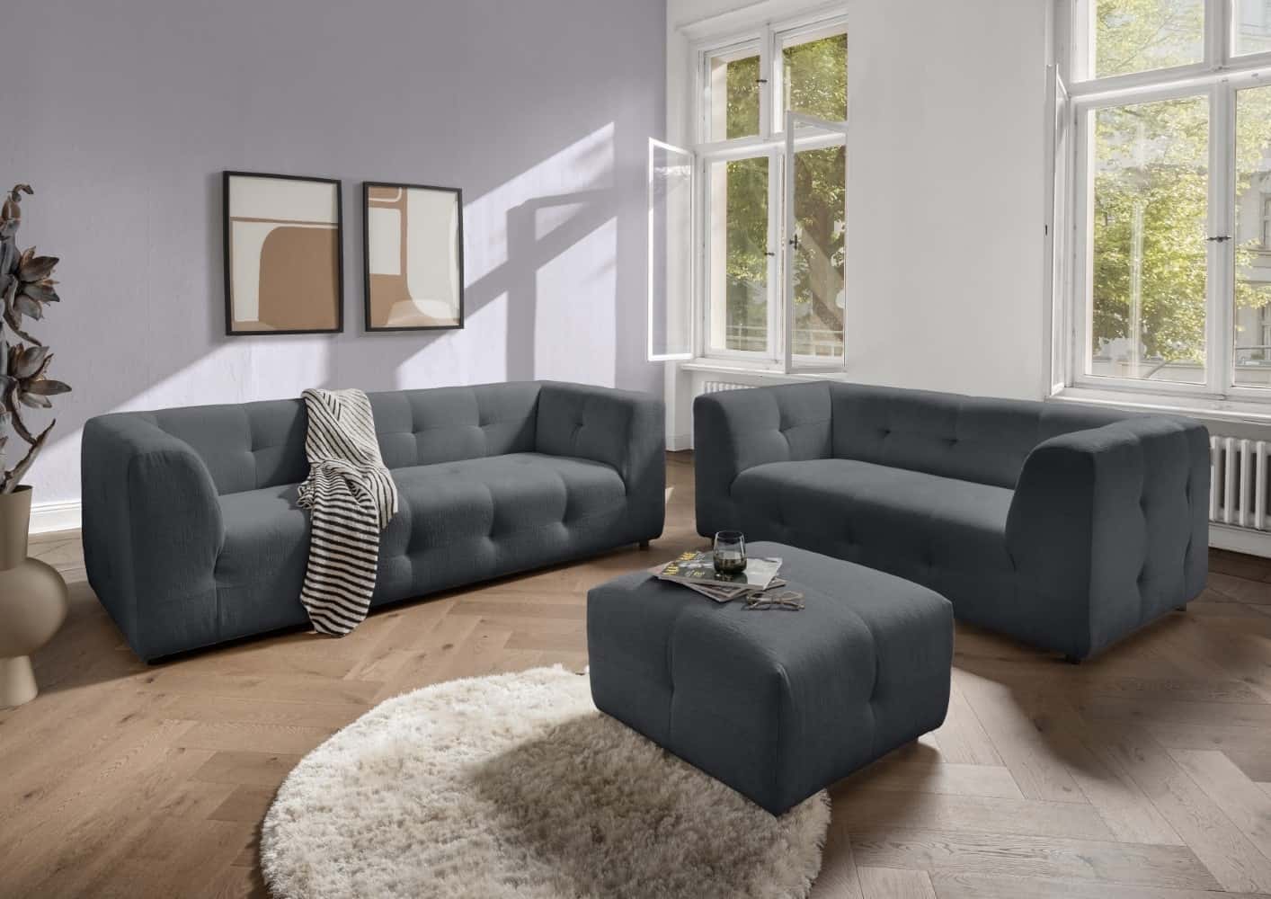 Sofa Set Velice 2,5er+2er+Hocker Benformato | Nero