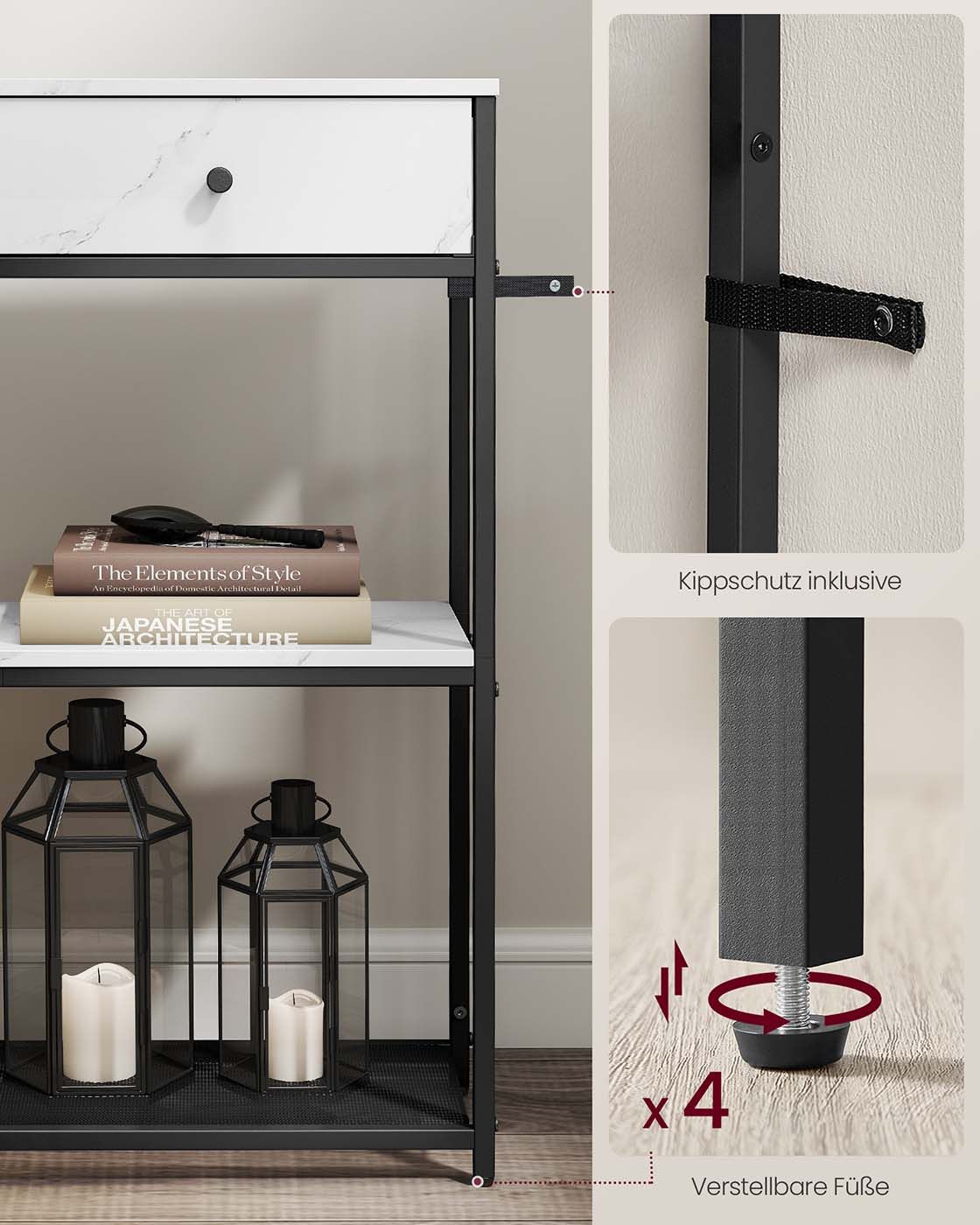 Schmaler Konsolentisch mit zwei Stoffschubladen