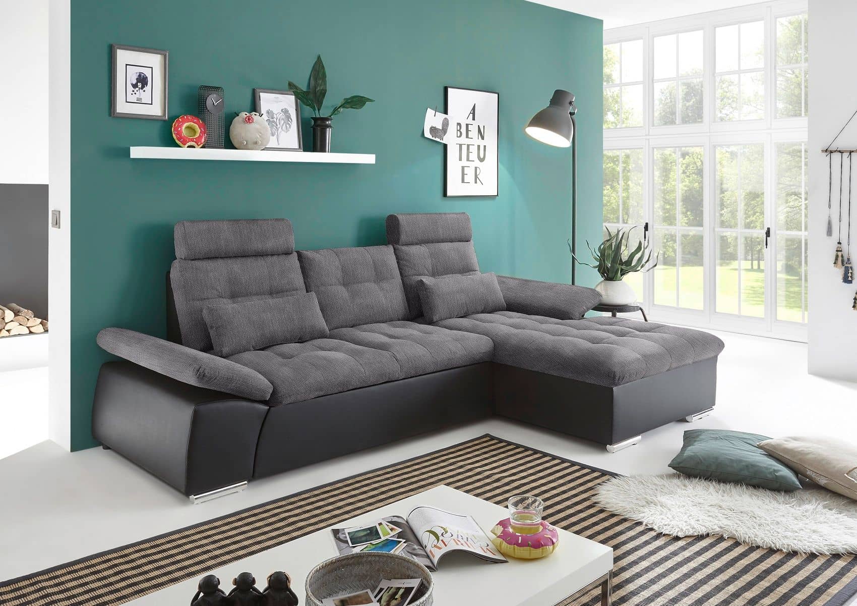 Ecksofa Jakarta Schwarz | Anthrazit – Modernes Sofa mit Schlaffunktion & verstellbaren Armlehnen