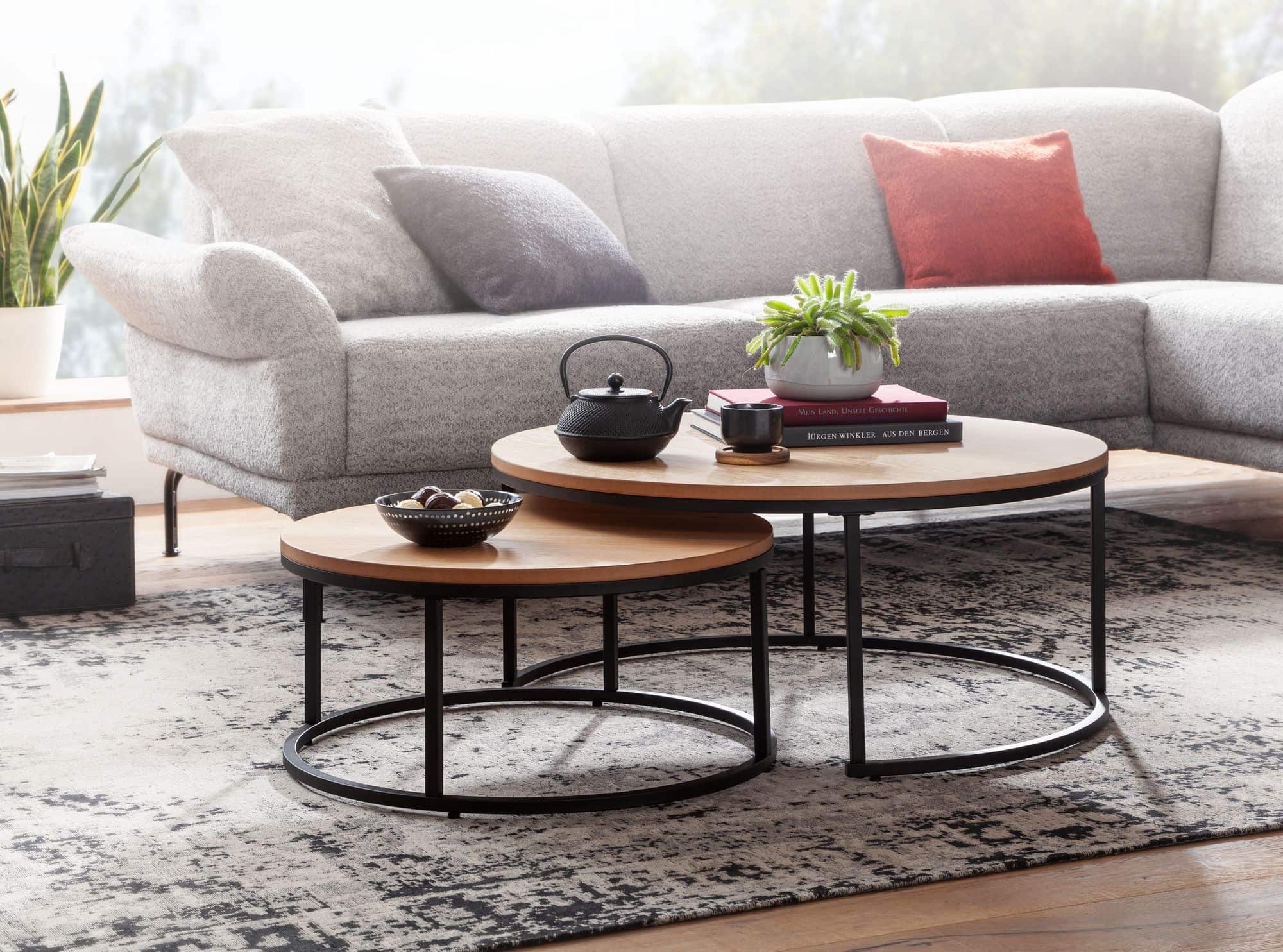 Wohnling Couchtisch-Set rund Eiche – 2er Metall & Holz Wohnling Couchtisch-Set rund Eiche – 2er Metall & Holz