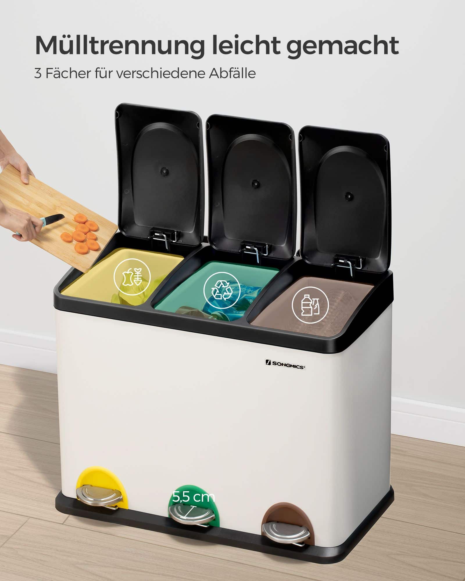 Mülleimer 3 x 15 Liter mit Deckel und Inneneimer weiß-schwarz-LTB45W Mülleimer 3 x 15 Liter mit Deckel und Inneneimer weiß-schwarz-LTB45W