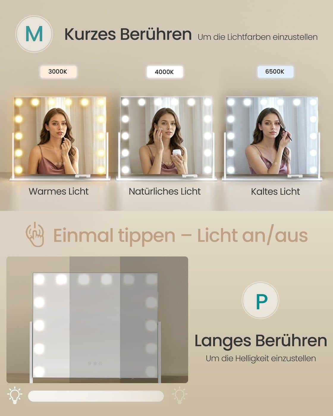 Schminkspiegel mit Beleuchtung und 14 LED-Glühbirnen