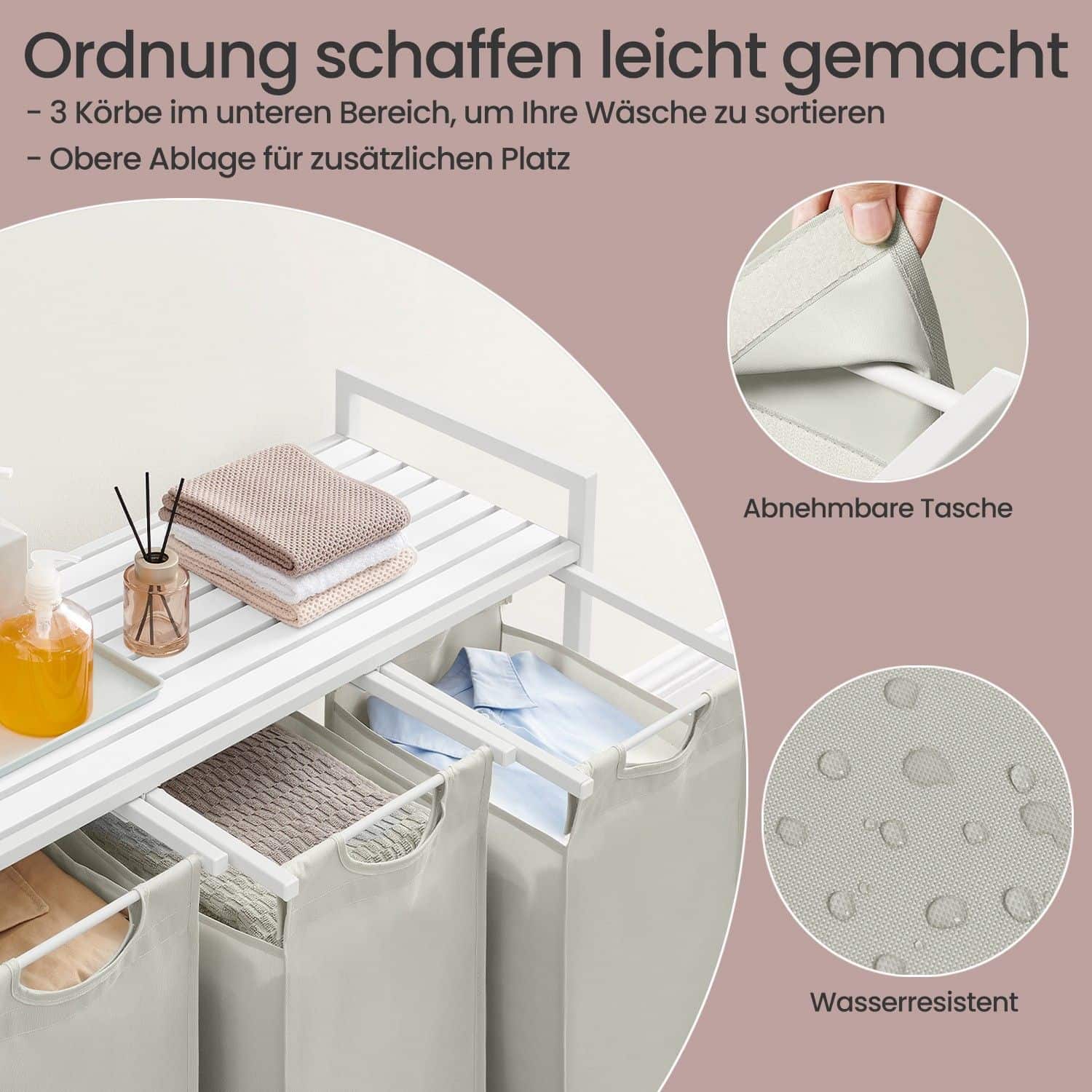 Wäschekorb 3 Fächer, Wäschesammler mit Ablage, Wäschebox Wäschekorb 3 Fächer, Wäschesammler mit Ablage, Wäschebox