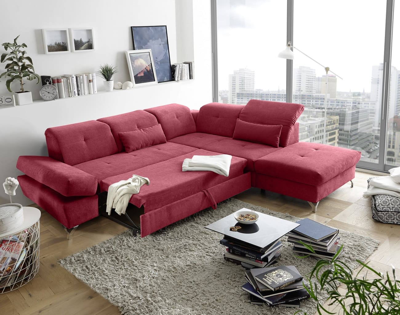 Eckcouch mit Schlaffunktion Melfi – in der Farbe Berry - ED Exciting Design Eckcouch mit Schlaffunktion Melfi – in der Farbe Berry - ED Exciting Design