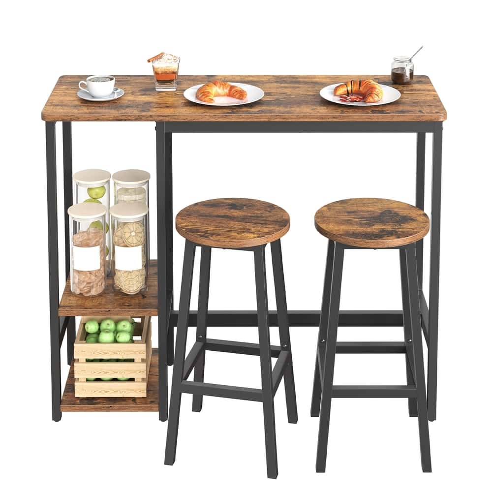 Bartisch-Set mit Regal, Essgruppe mit 2 Hockern, Metallgestell Bartisch-Set mit Regal, Essgruppe mit 2 Hockern, Metallgestell