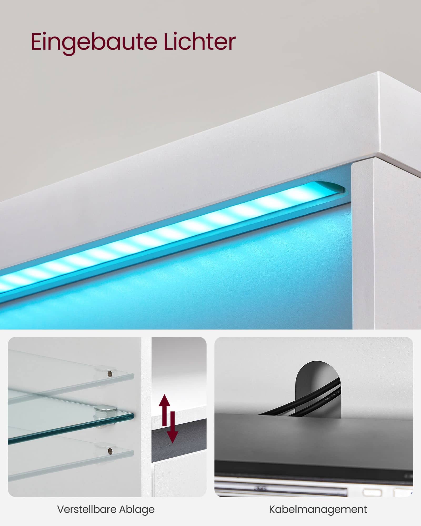 LED-Beleuchtung TV-Schrank mit offenen Ablagen LED-Beleuchtung TV-Schrank mit offenen Ablagen