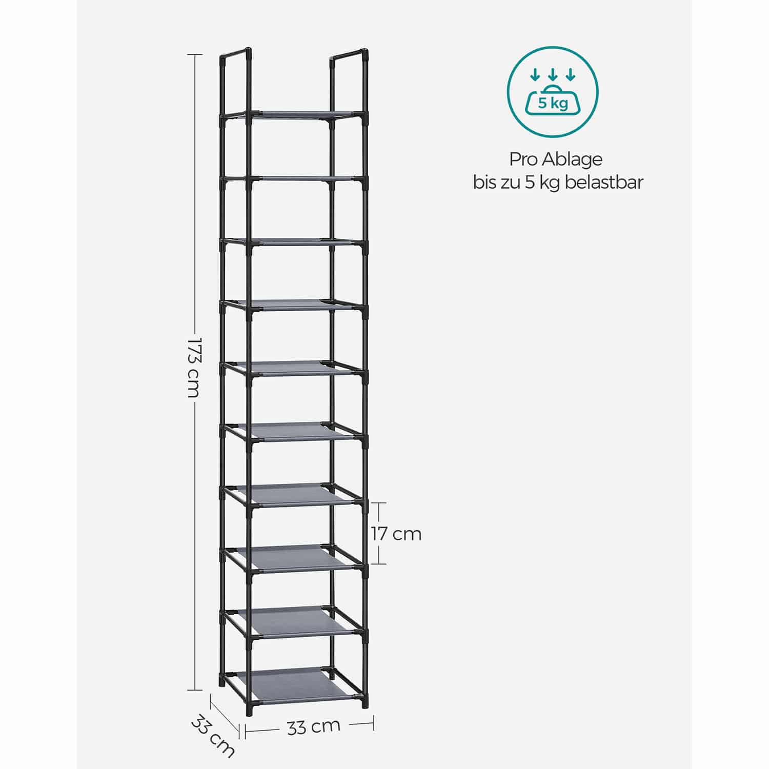 Schuhregal 10 Ebenen 33 x 33 x 173 cm mit Ablagen aus Vliesstoff-LSR110G01