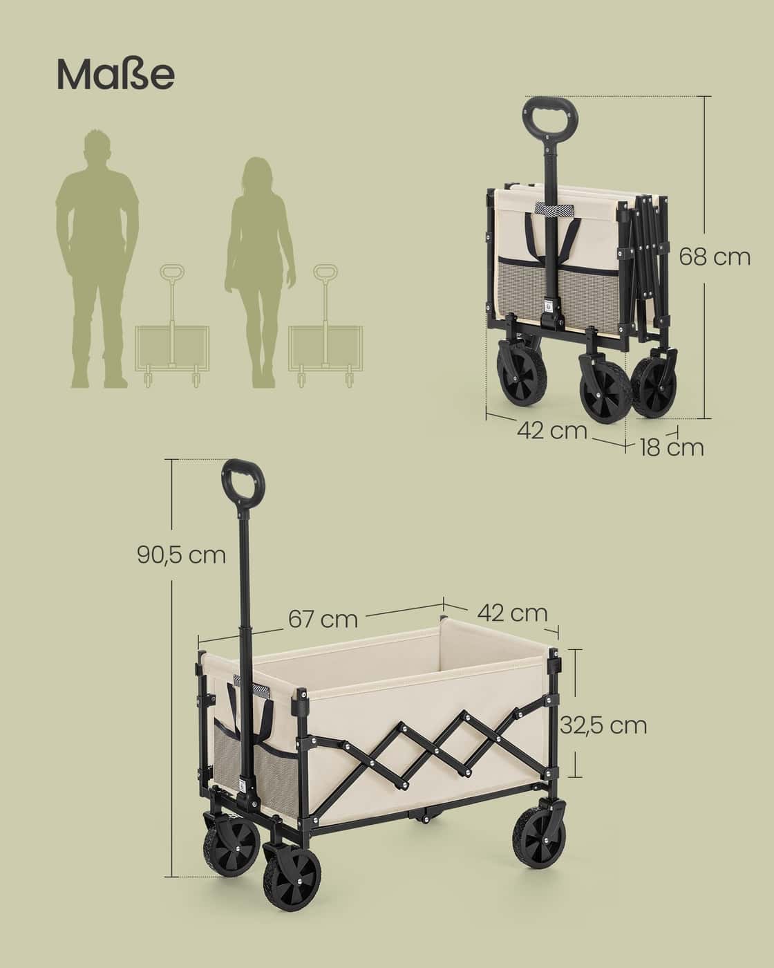 Kleiner Handwagen faltbar mit 4 verstärkten Rollen und Griff Sandbeige