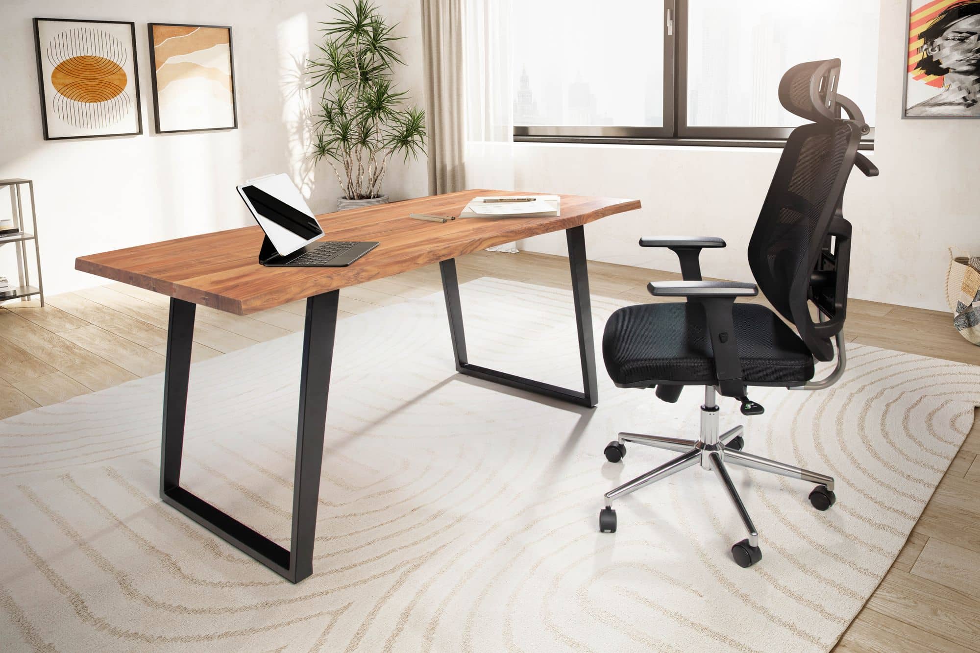 Schreibtisch 200x100x76 cm Akazie Massivholz / Metall Computertisch Baumkante