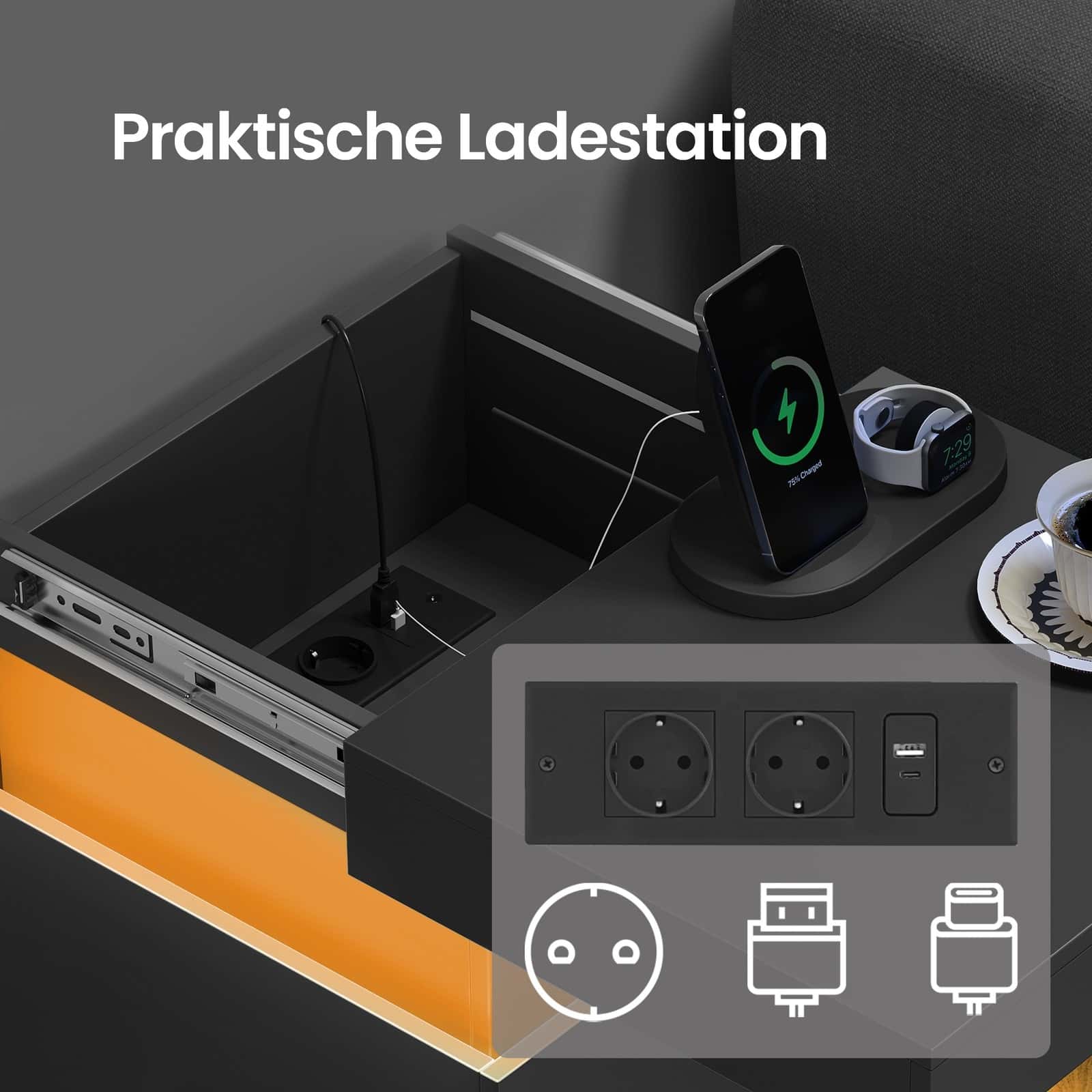 Beistelltisch mit Ladestation, 2er Set, Nachttisch mit Beleuchtung