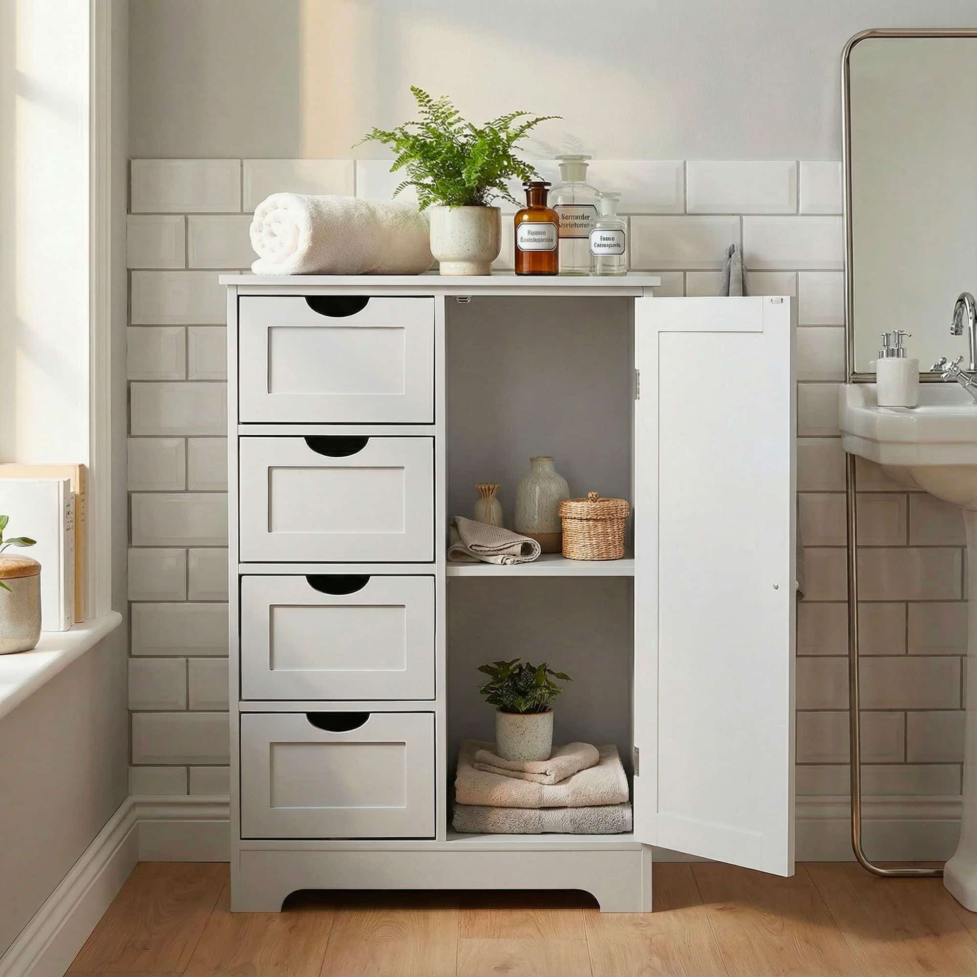 schmaler Badschrank 55x80 cm mit Wiener Geflecht – Badezimmerschrank mit Tür und 4 Schubladen – Badregal aus lackiertem MDF – Badezimmerregal modern – Aufbewahrungsschrank Bad Badezimmer