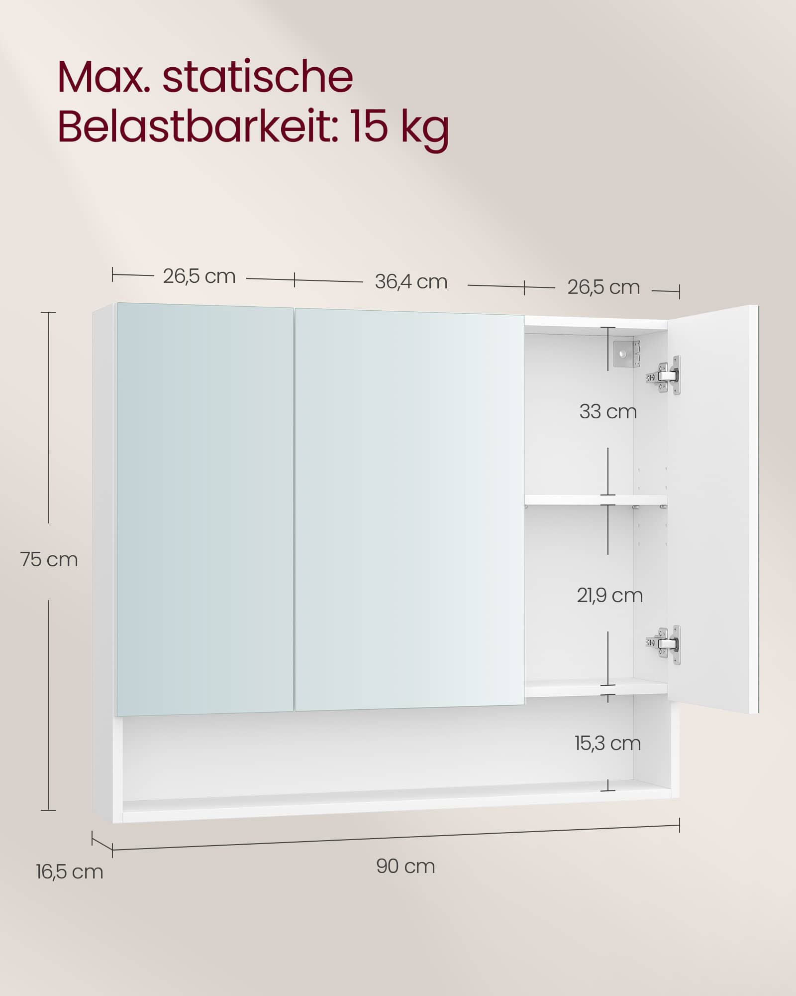 Badezimmerschrank mit 3 Türen 16,5 x 90 x 75 cm wolkenweiß